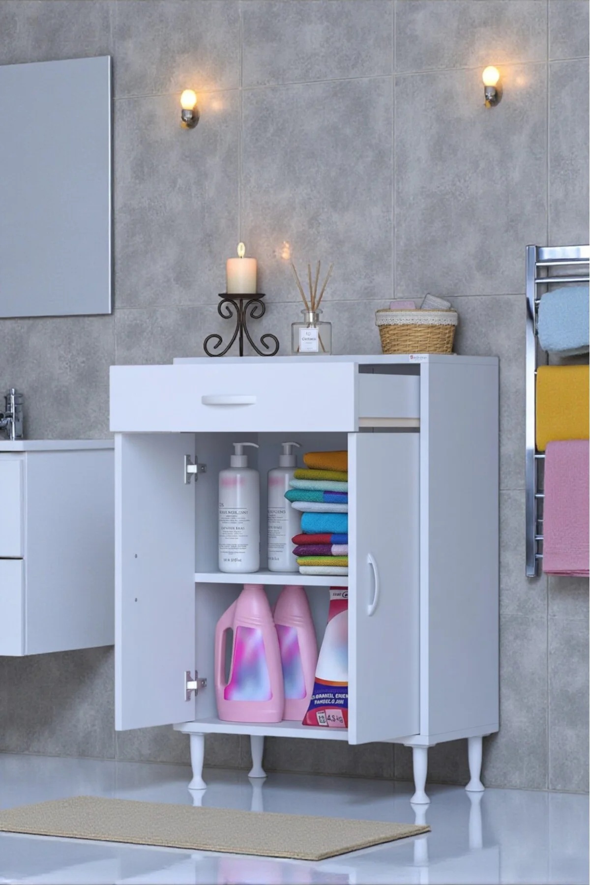 Fre 55 cm Çok Amaçlı Dolap 1 Raflı Tek Çekmeceli Banyo Mutfak Dol