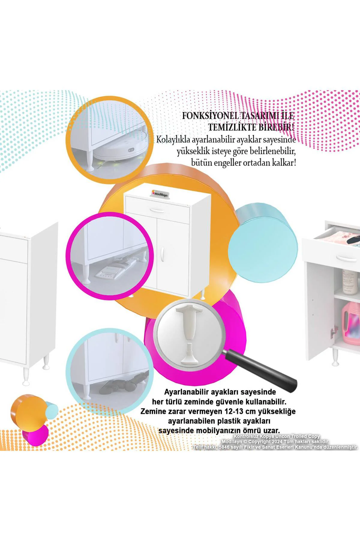 Fre 65 cm Çok Amaçlı Dolap 1 Raflı Tek Çekmeceli Banyo Mutfak Dol