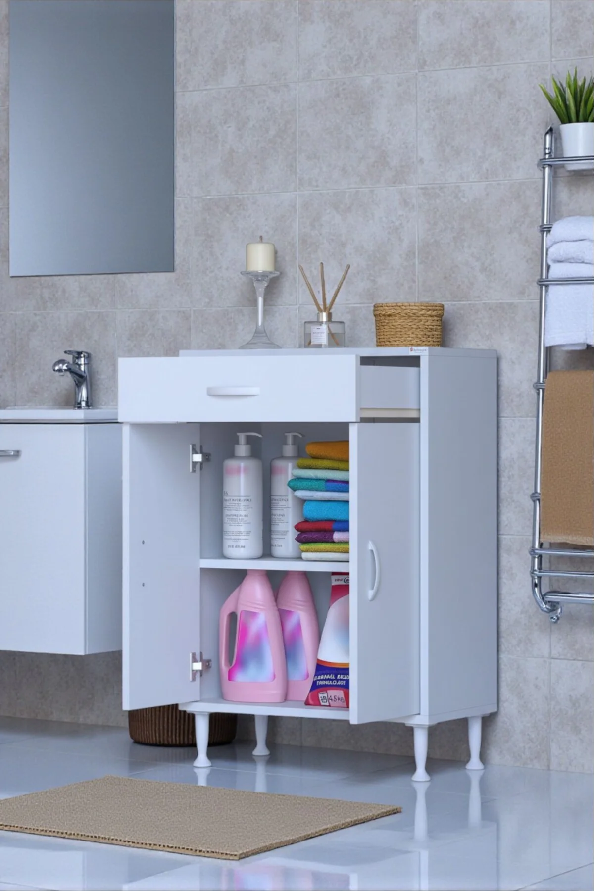 Fre 65 cm Çok Amaçlı Dolap 1 Raflı Tek Çekmeceli Banyo Mutfak Dol
