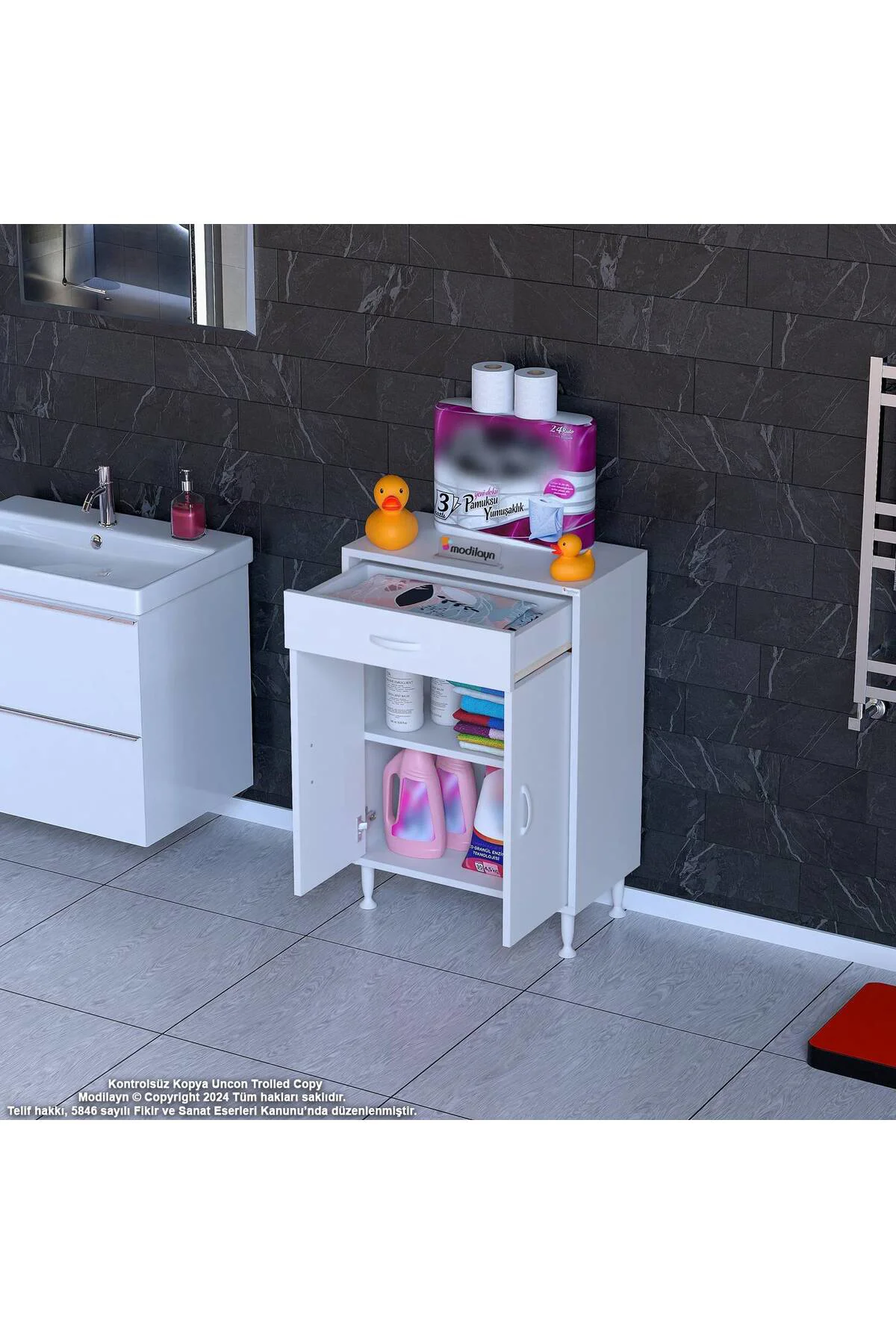Fre 65 cm Çok Amaçlı Dolap 1 Raflı Tek Çekmeceli Banyo Mutfak Dol