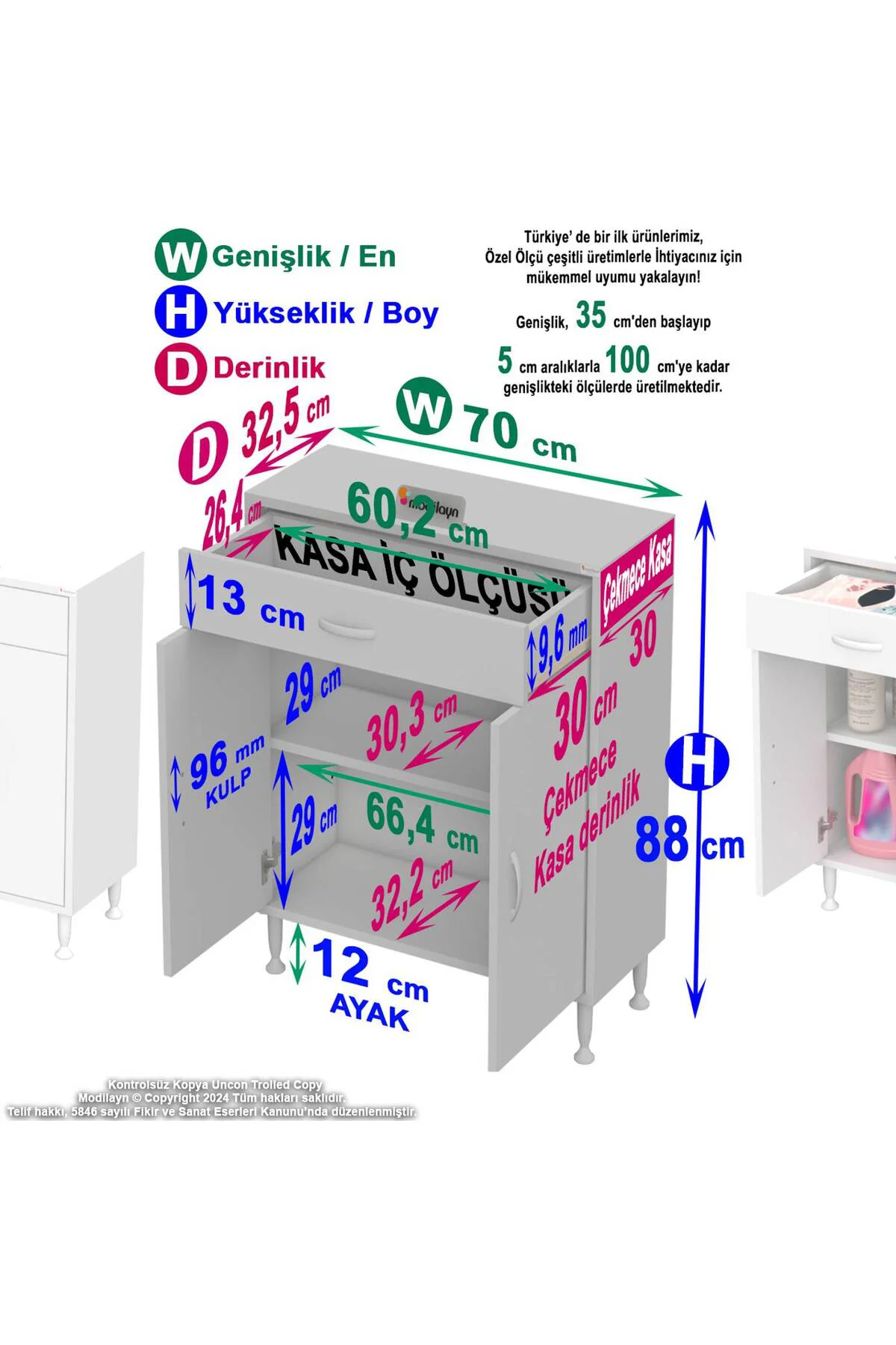 Fre 70 cm Çok Amaçlı Dolap 1 Raflı Tek Çekmeceli Banyo Mutfak Dol