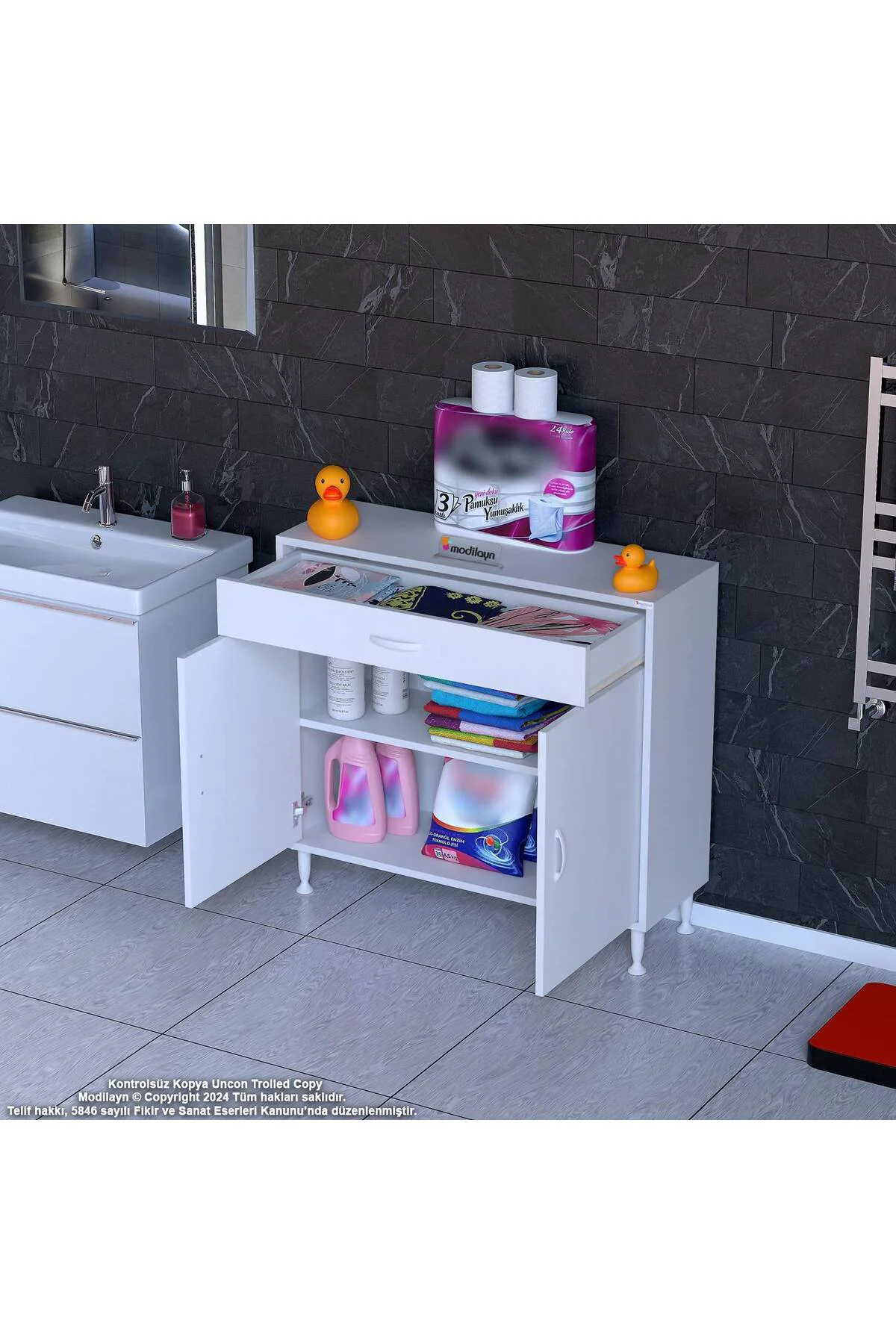 Fre 90 cm Çok Amaçlı Dolap 1 Raflı Tek Çekmeceli Banyo Mutfak Dol