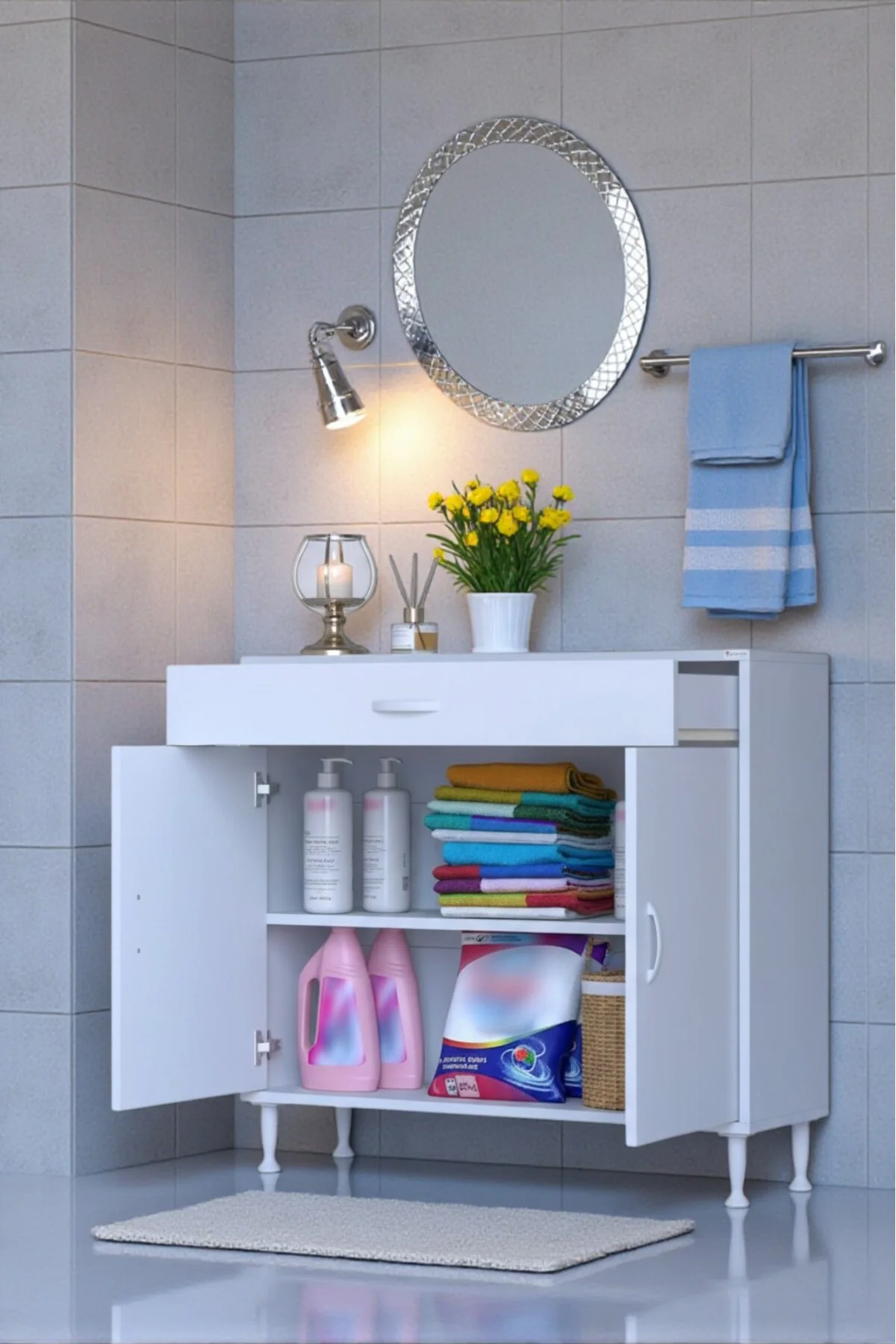 Fre 90 cm Çok Amaçlı Dolap 1 Raflı Tek Çekmeceli Banyo Mutfak Dol