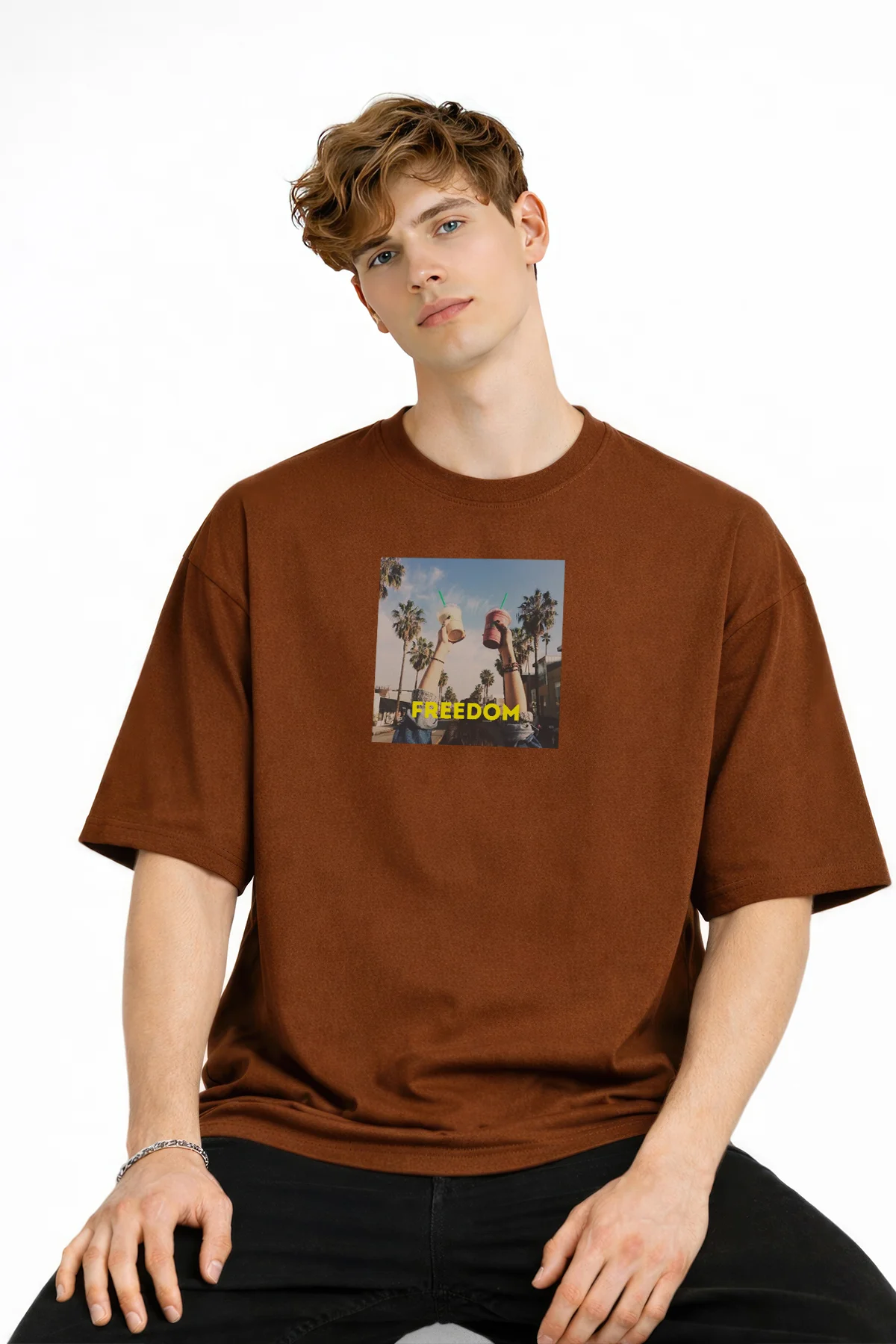 Freedom - Oversize Erkek Tişört KAHVE - KAHVE - XL - Görsel 3