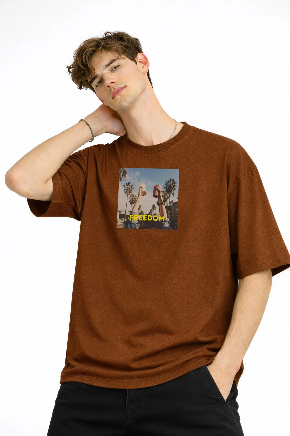 Freedom - Oversize Erkek Tişört KAHVE - KAHVE - XL - Görsel 4