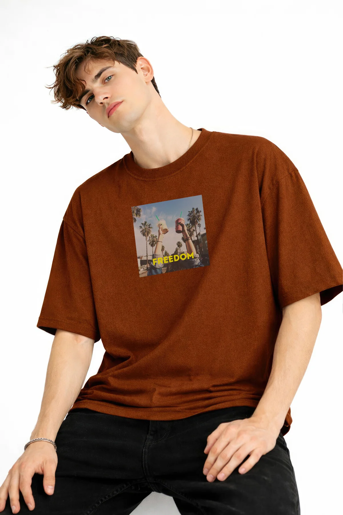 Freedom - Oversize Erkek Tişört KAHVE - KAHVE - XL - Görsel 2