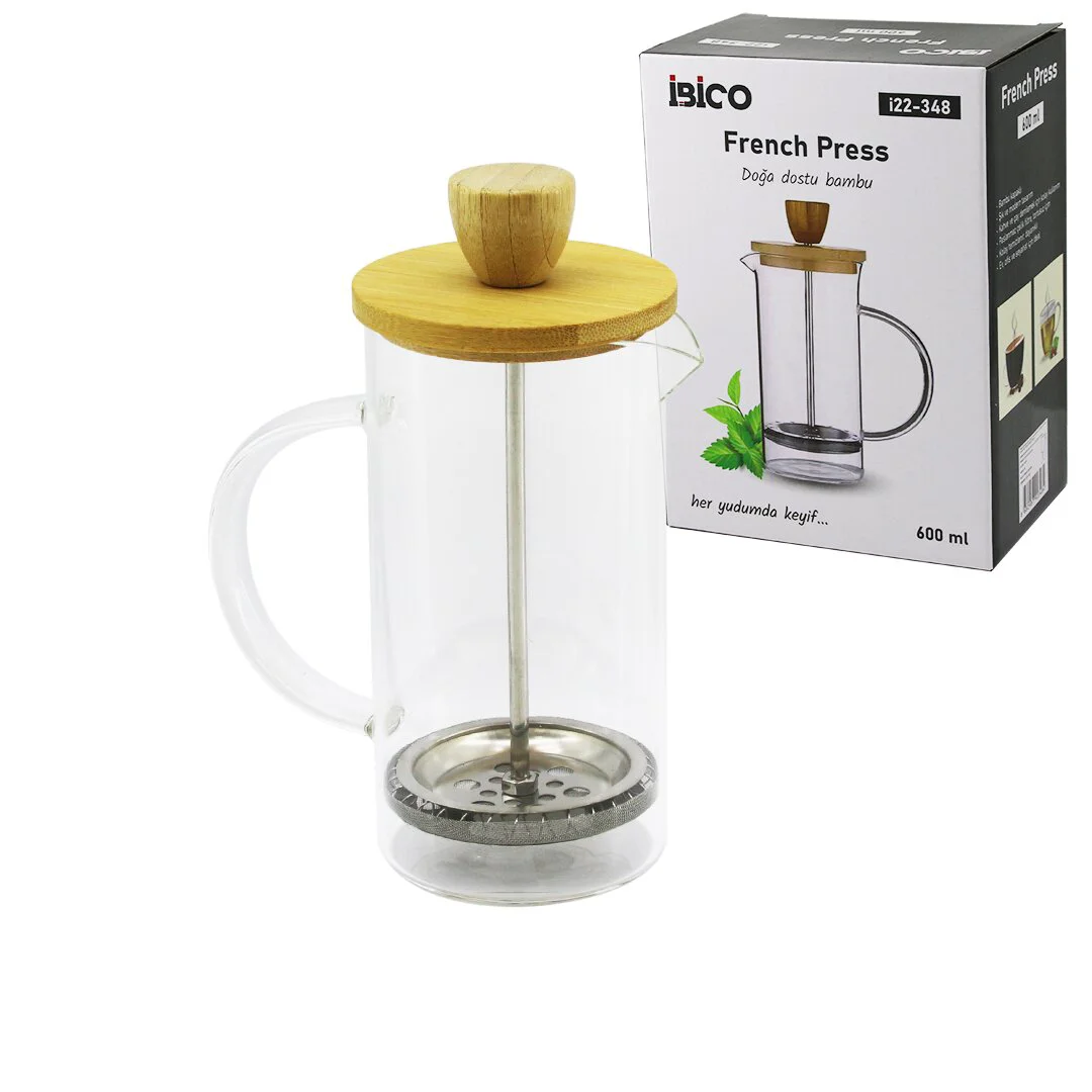 French Press Bambu Kapak 600ML Cam Bitki Süzgeçi French Press Bambu Kapak 600ML Cam Bitki Süzgeçi