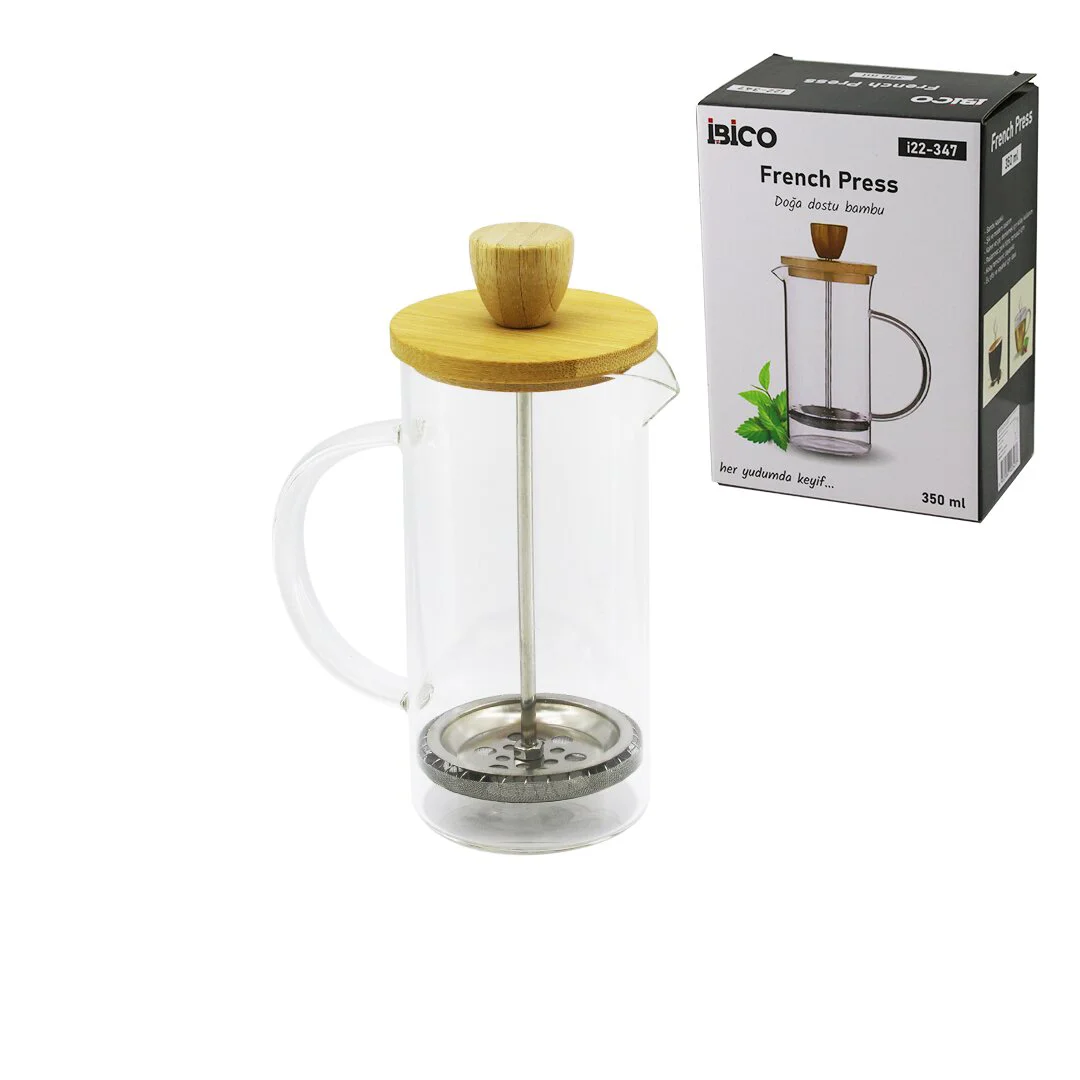 French Press Bambu Kapak 350ML Cam Bitki Süzgeçi French Press Bambu Kapak 350ML Cam Bitki Süzgeçi