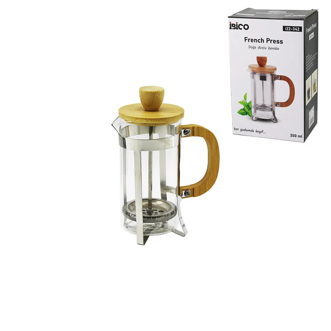 French Press Metal Kafes - Bambu Sap Bambu Kapak 350ML Cam Bitki Süzgeçi