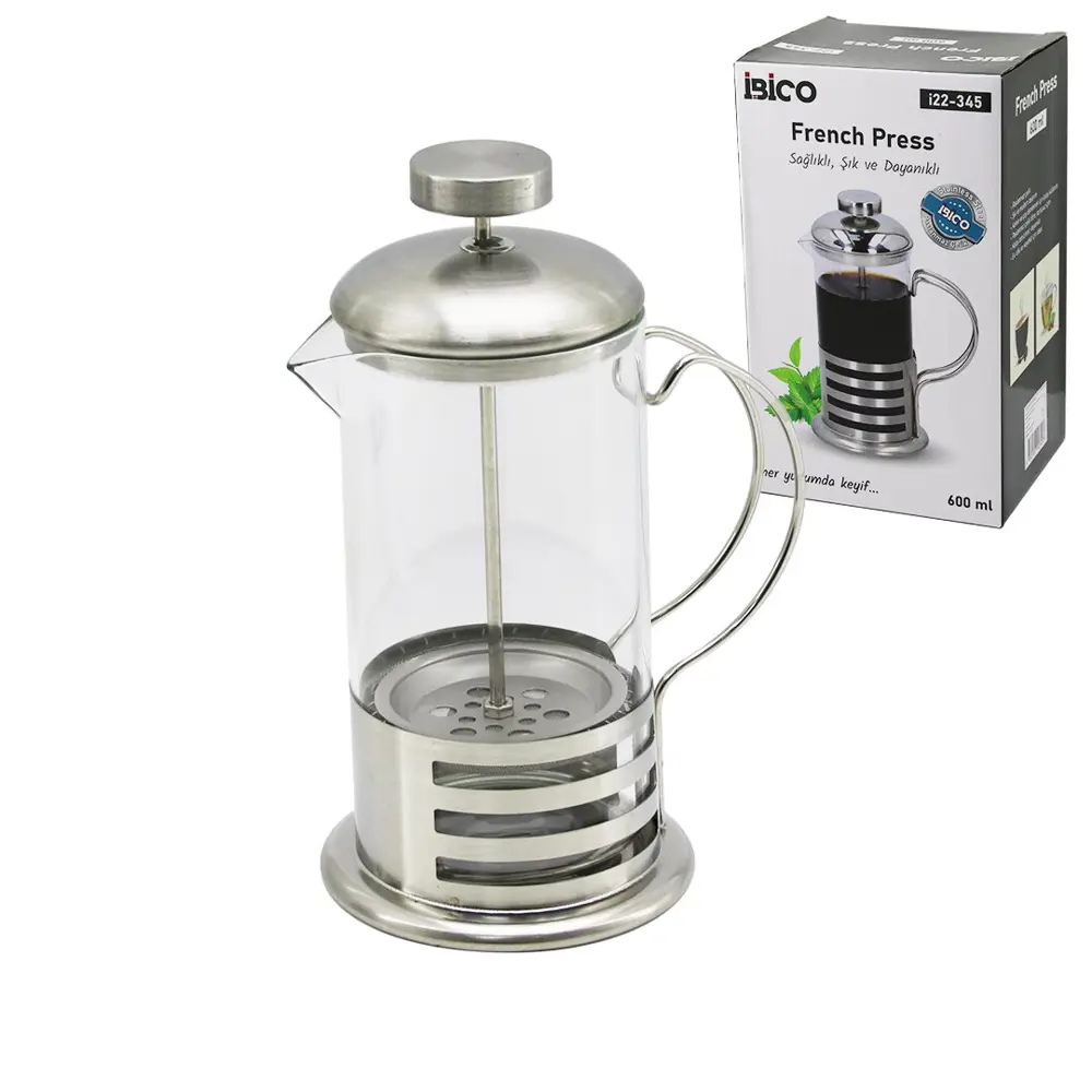 FRENCH PRESS METAL KAFES - METAL KAPAK 600ML CAM BİTKİ SÜZGEÇİ (4