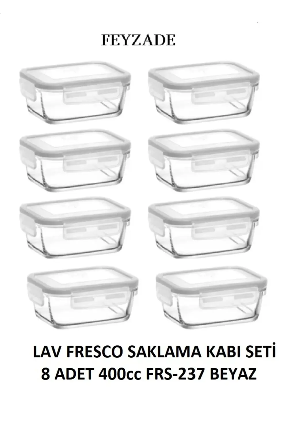 Fresco Kilitli Cam Saklama Kabı 8 Parça 400cc (FRS-237) Beyaz Kap