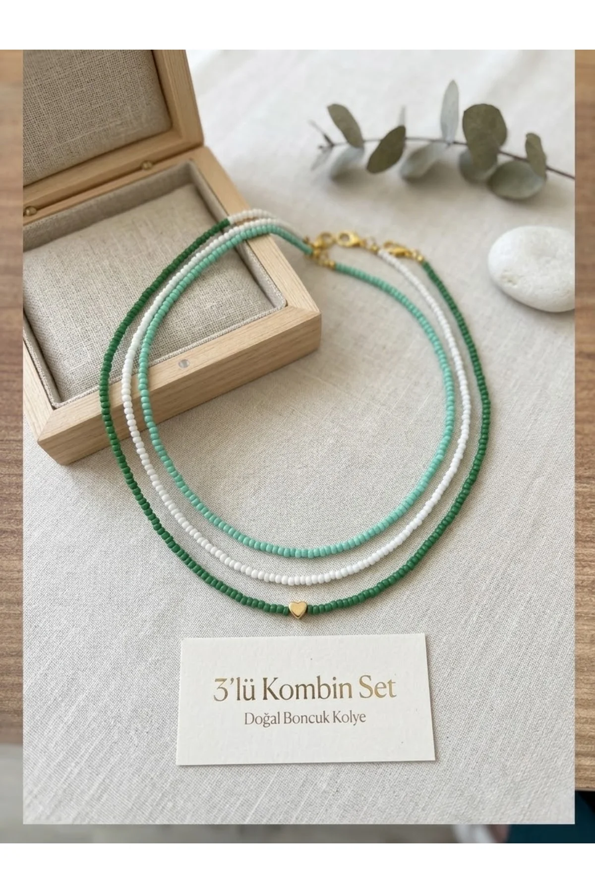 Fresh 3'lü Cam Gold Kalp Detay Boncuk Kolye Seti (Yeşil,Mint,Beyaz)