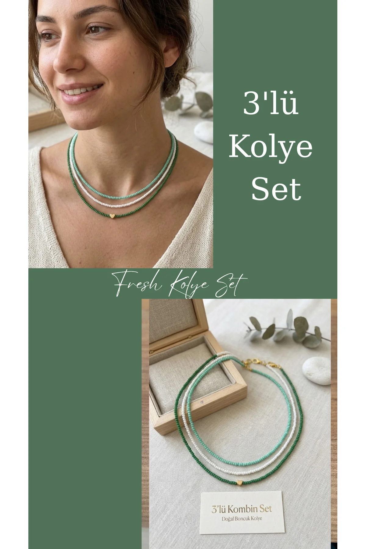 Fresh 3'lü Cam Gold Kalp Detay Boncuk Kolye Seti (Yeşil,Mint,Beyaz)