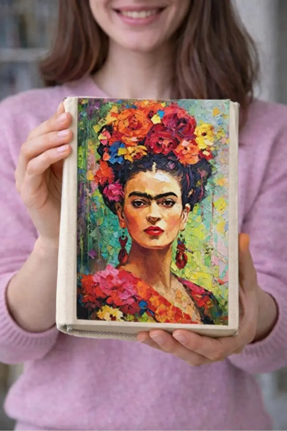 Frida Desenli Bez Kitap Kılıfı – Baskılı Kumaş Kitap Kabı, Kitap