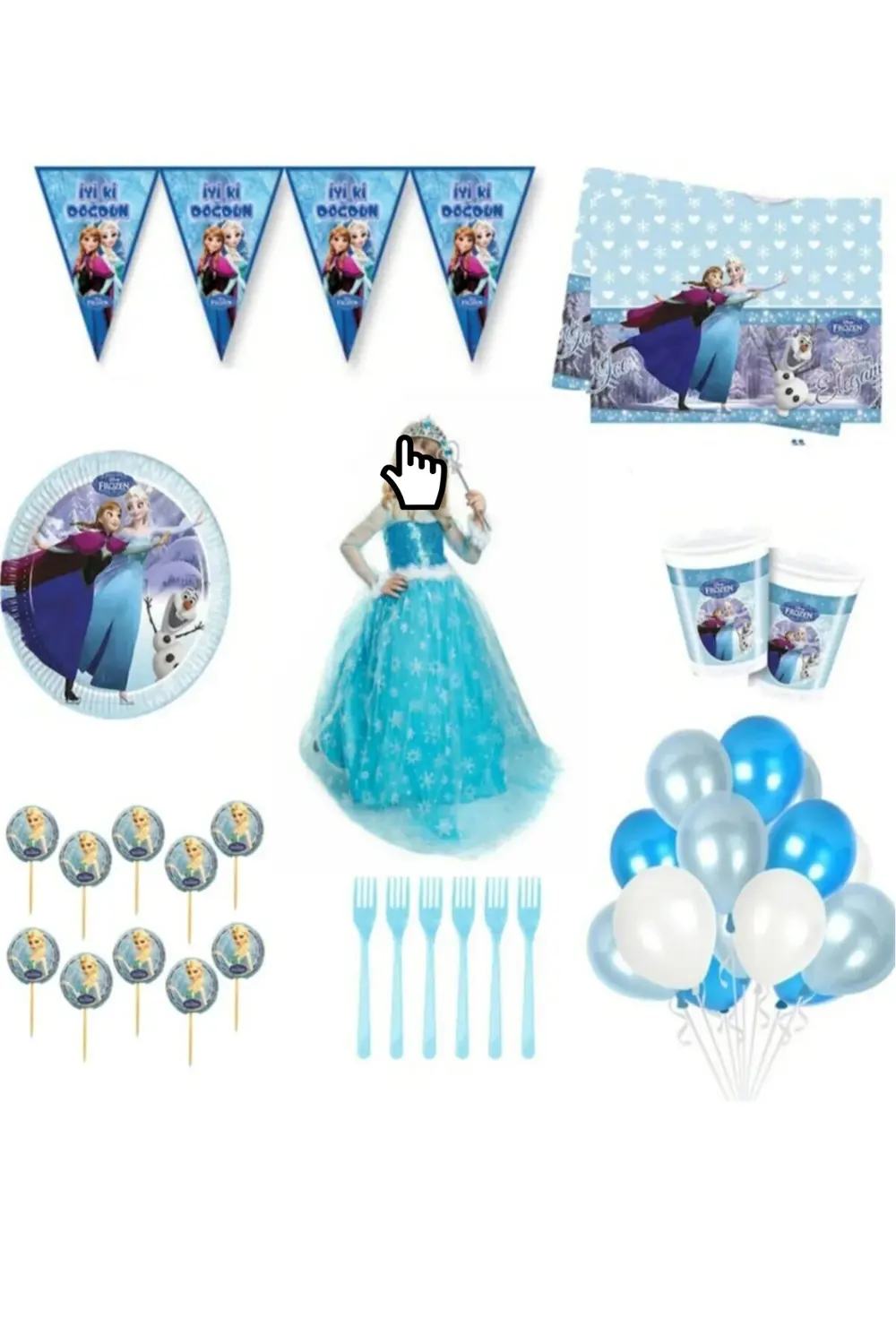 Frozen Elsa Askılı Kostüm Ve Doğum Günü Parti Seti 16 Kişilik Lük
