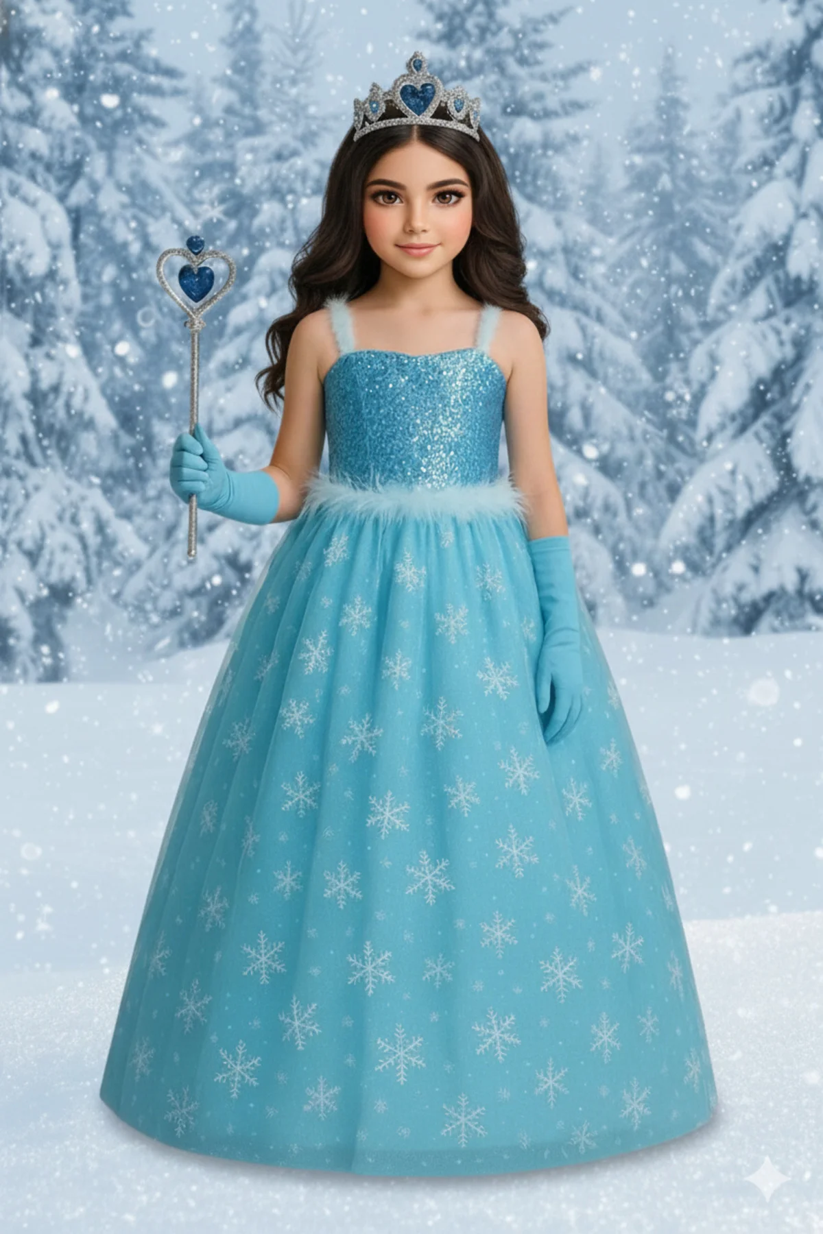 Frozen Elsa Kız Çocuk Mavi Prenses Kar Temalı Uzun Tüllü Kostüm T
