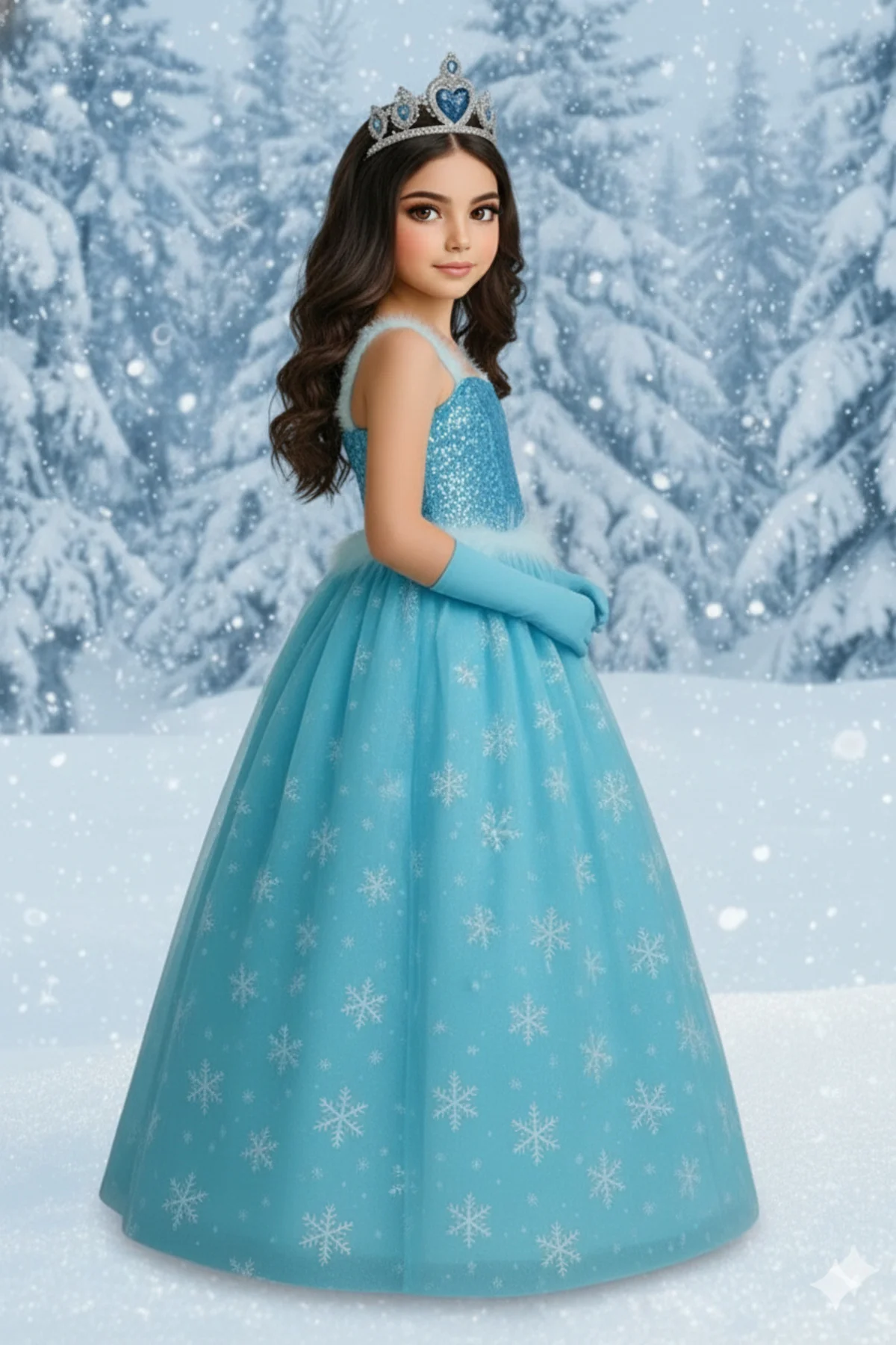 Frozen Elsa Kız Çocuk Mavi Prenses Kar Temalı Uzun Tüllü Kostüm T