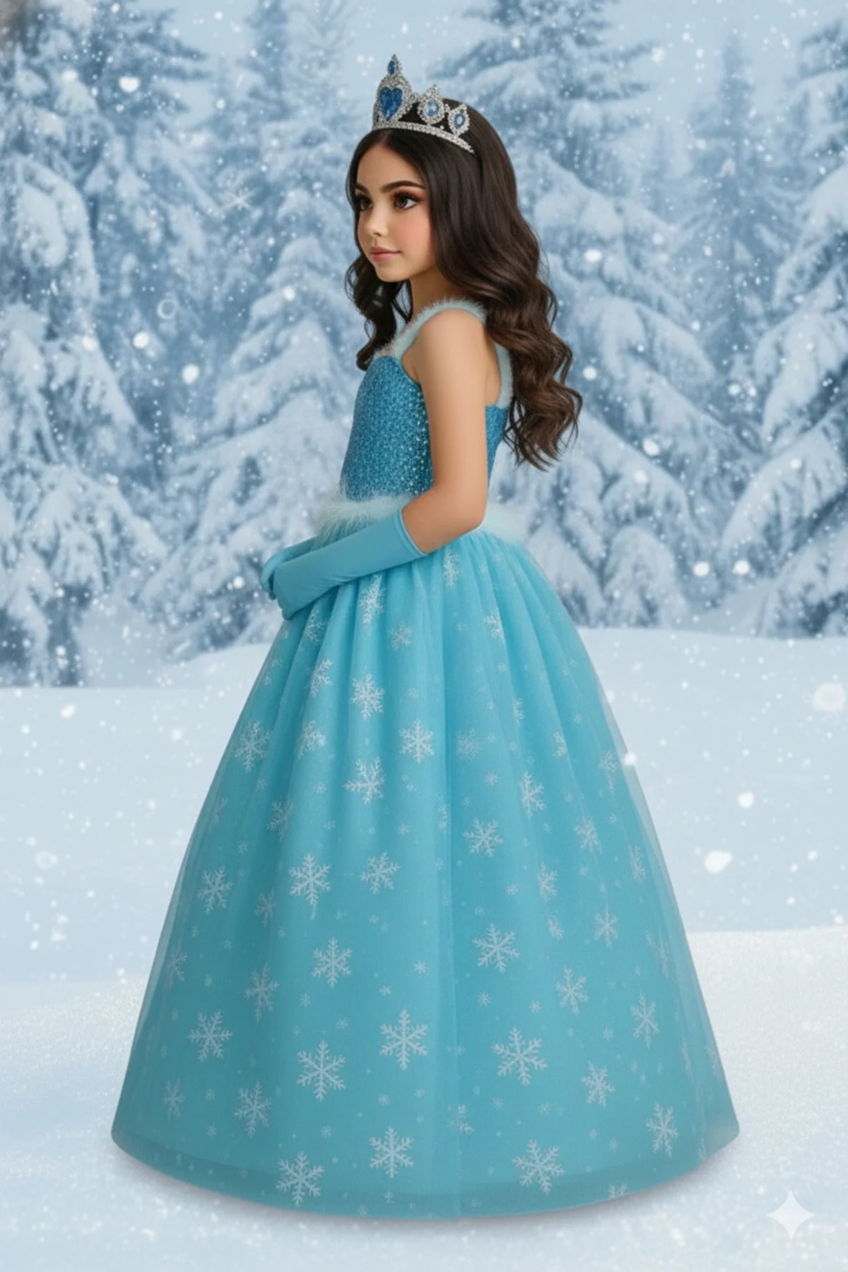 Frozen Elsa Kız Çocuk Mavi Prenses Kar Temalı Uzun Tüllü Kostüm T