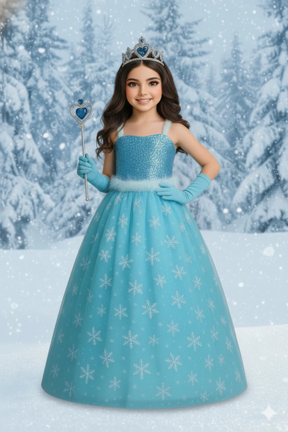 Frozen Elsa Kız Çocuk Mavi Prenses Kar Temalı Uzun Tüllü Kostüm T