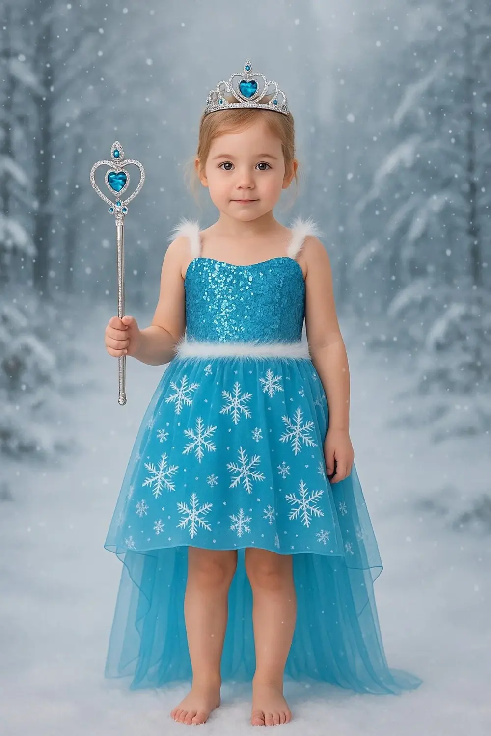 Frozen Elsa Maske Eldiven Taç Asalı Kostüm Ön Kısa Arka Uzun Mode