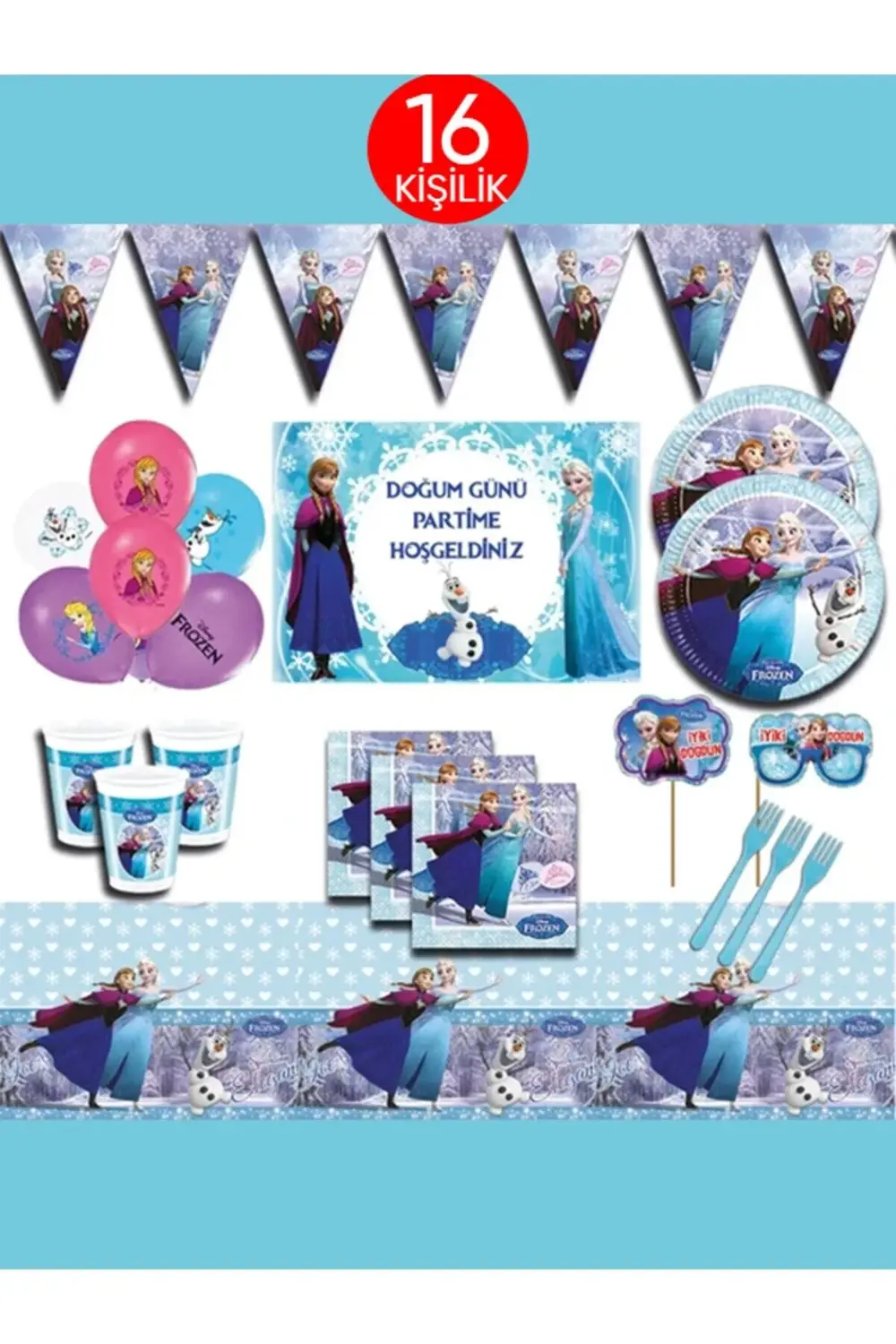 Parti Kırtasiye Frozen Karlar Ülkesi Elsa 16 Kişilik Mavi Doğum Günü Parti Malzem