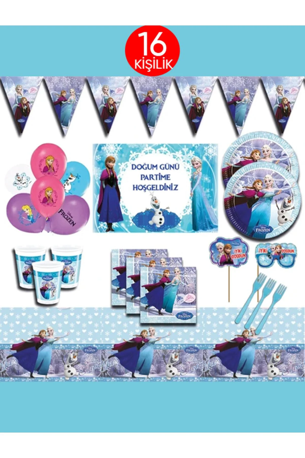 Frozen Karlar Ülkesi Elsa 16 Kişilik Mavi Doğum Günü Parti Malzem