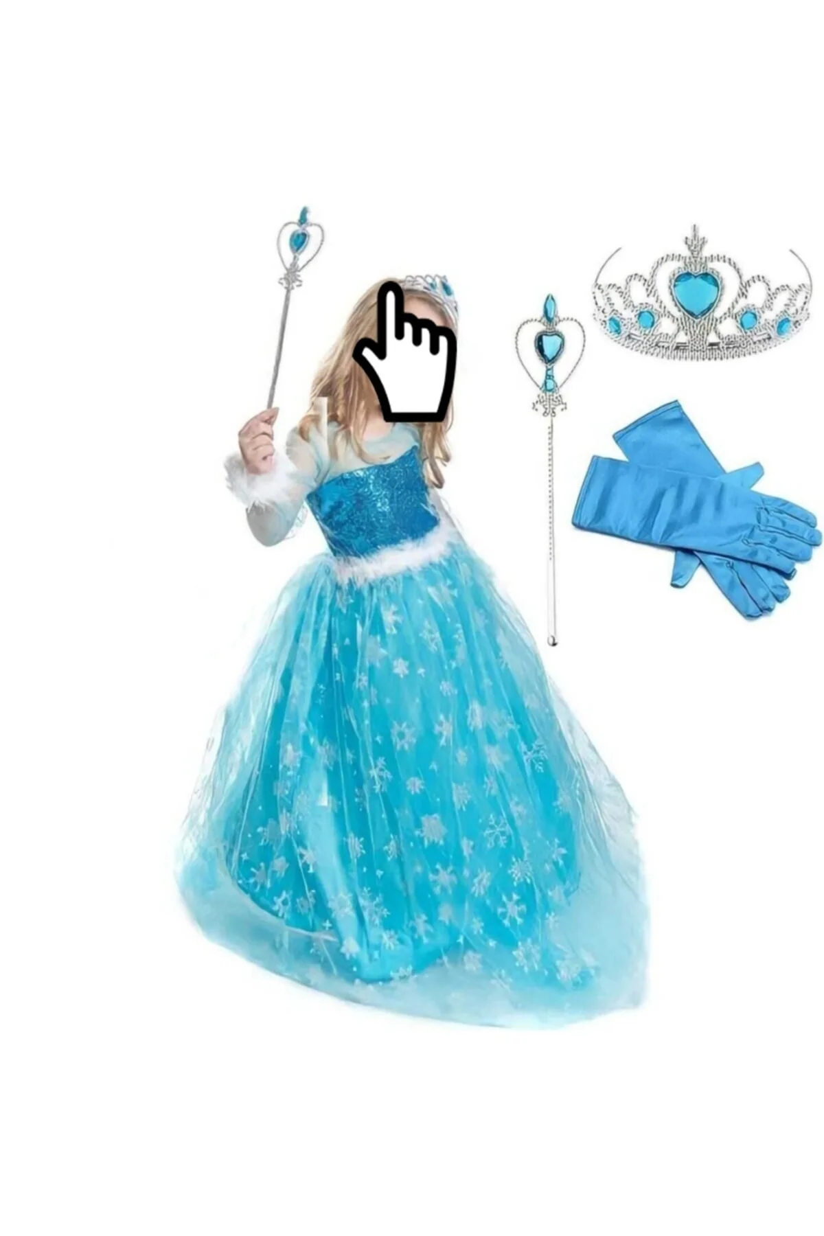 Frozen Kostüm Taç Asa Eldiven - Frozen Uzun Kollu Tarlatanlı Kost