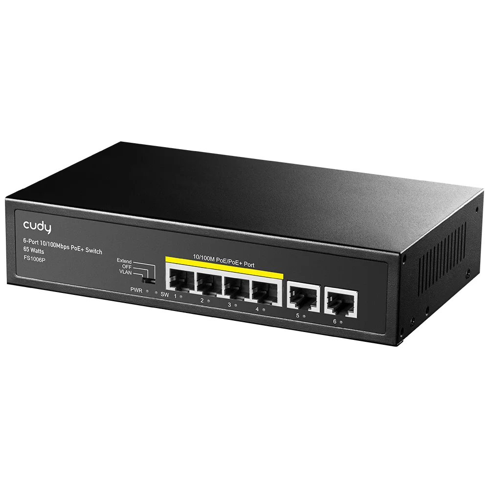 FS1006P 4 Port 10/100Mbps 2*FE Uplink VLAN&Extend Mode 250m 60W POE+ Ethernet Switch