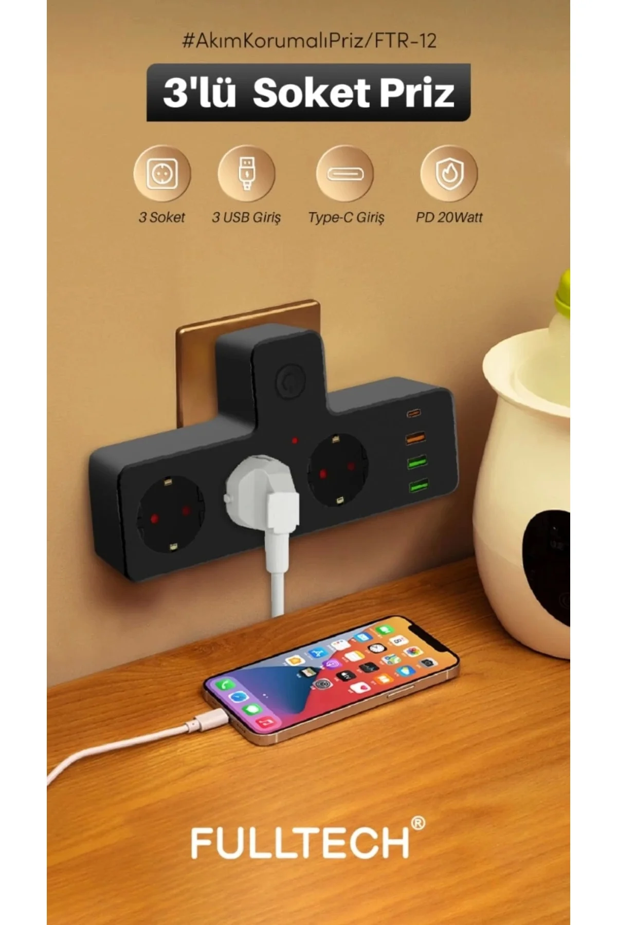 Ftr-12 Termal Akım Korumalı Isıya Dayanıklı 3’Lü Priz 3X Usb 1X Type-C Ftr-12 Termal Akım Korumalı Isıya Dayanıklı 3’Lü Priz 3X Usb 1X Type-C - Görsel 2