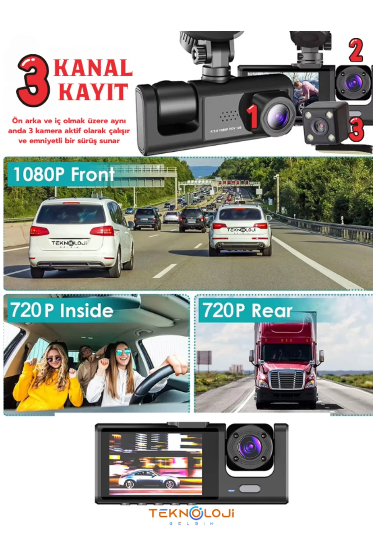 Full HD 1080p 3 Kameralı Dash Cam Ön Arka İç Kayıt Özellikli Gece Görüşlü G Sensörlü