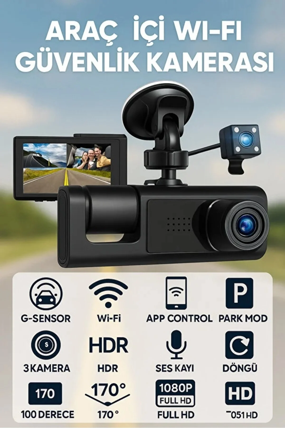 Full HD 3 Kameralı Araç Kamerası Ön İç Arka Kayıt ve Gece Görüşlü G Sensörlü Geniş Açılı