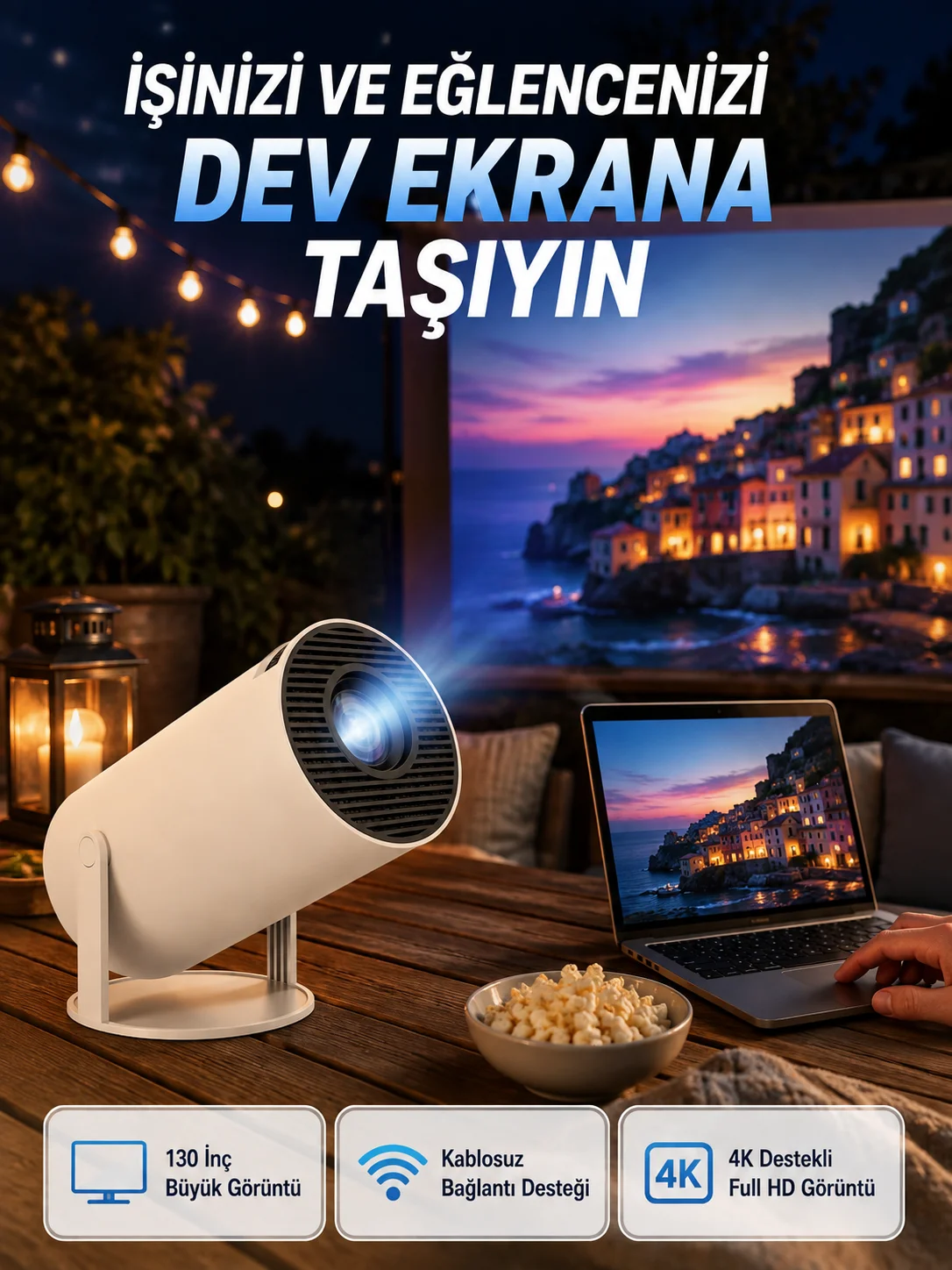 Full HD 4K Destekli Akıllı Projeksiyon – 130 inç Ekran, Uzun Ömürlü Ampul ve Çoklu Giriş Full HD 4K Destekli Akıllı Projeksiyon – 130 inç Ekran, Uzun Ömürlü Ampul ve Çoklu Giriş