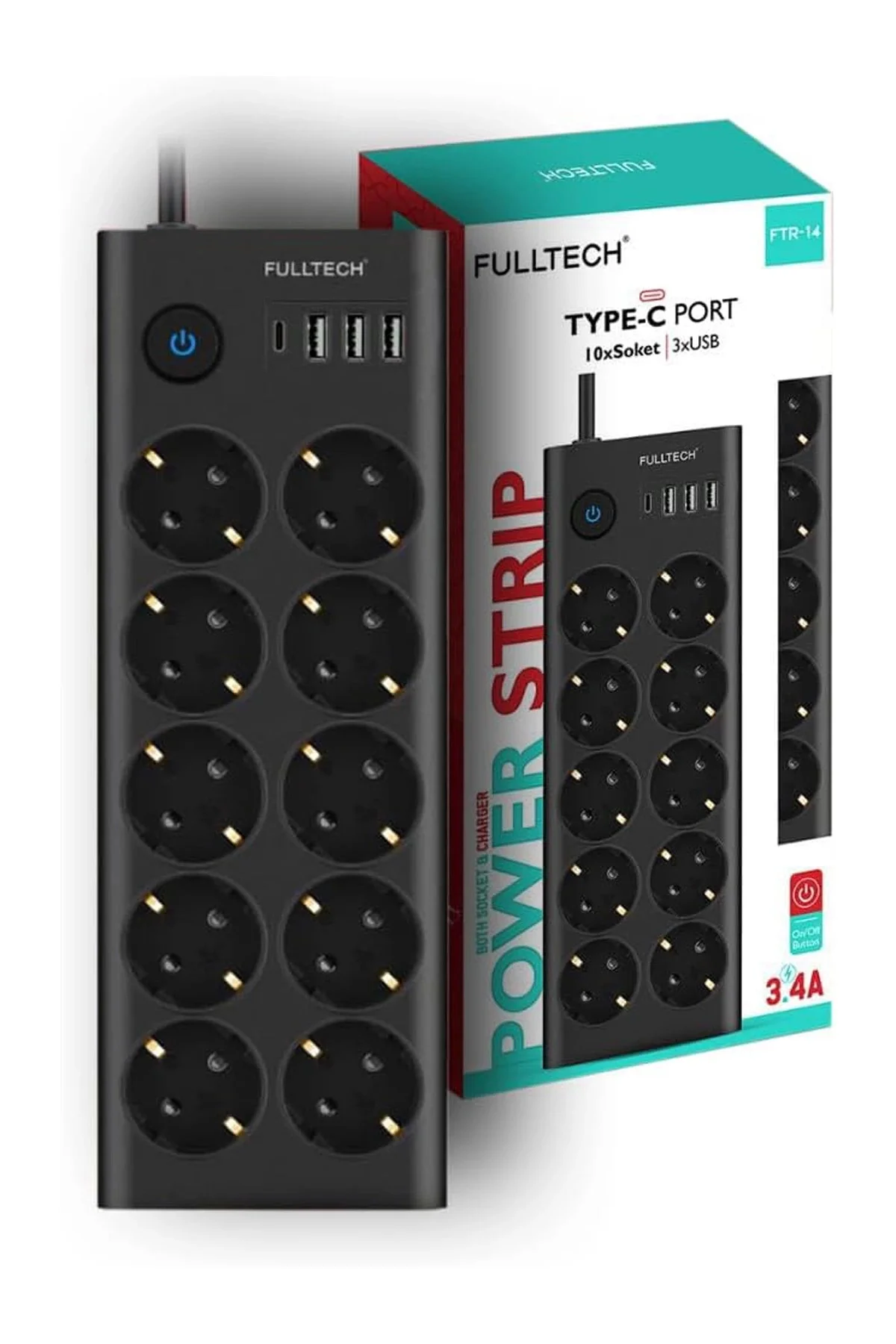 Fulltech Ftr14 Type-C Girişli Akım Korumalı 10’Lu Priz, 3 Usb Fulltech Ftr14 Type-C Girişli Akım Korumalı 10’Lu Priz, 3 Usb - Görsel 2