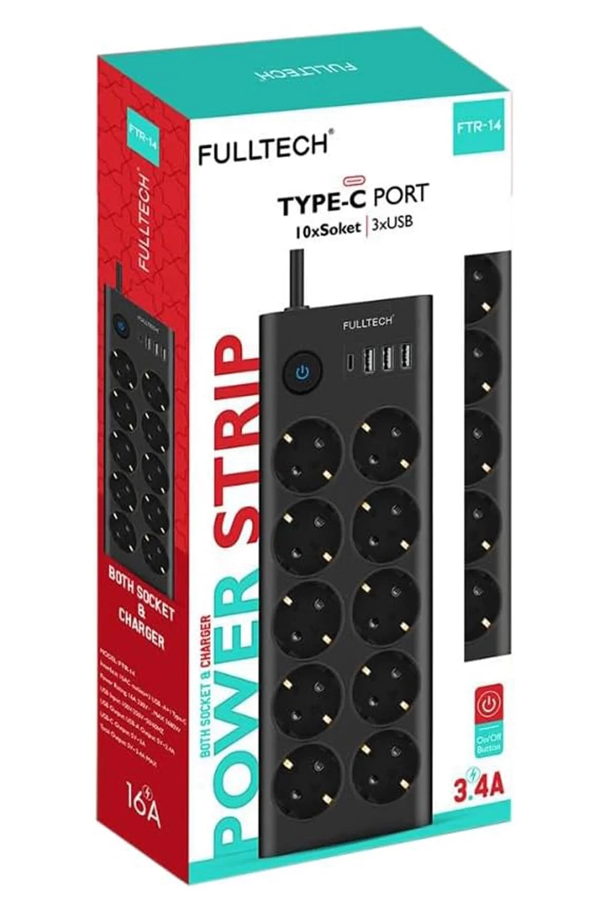 Fulltech Ftr14 Type-C Girişli Akım Korumalı 10’Lu Priz, 3 Usb Fulltech Ftr14 Type-C Girişli Akım Korumalı 10’Lu Priz, 3 Usb - Görsel 3