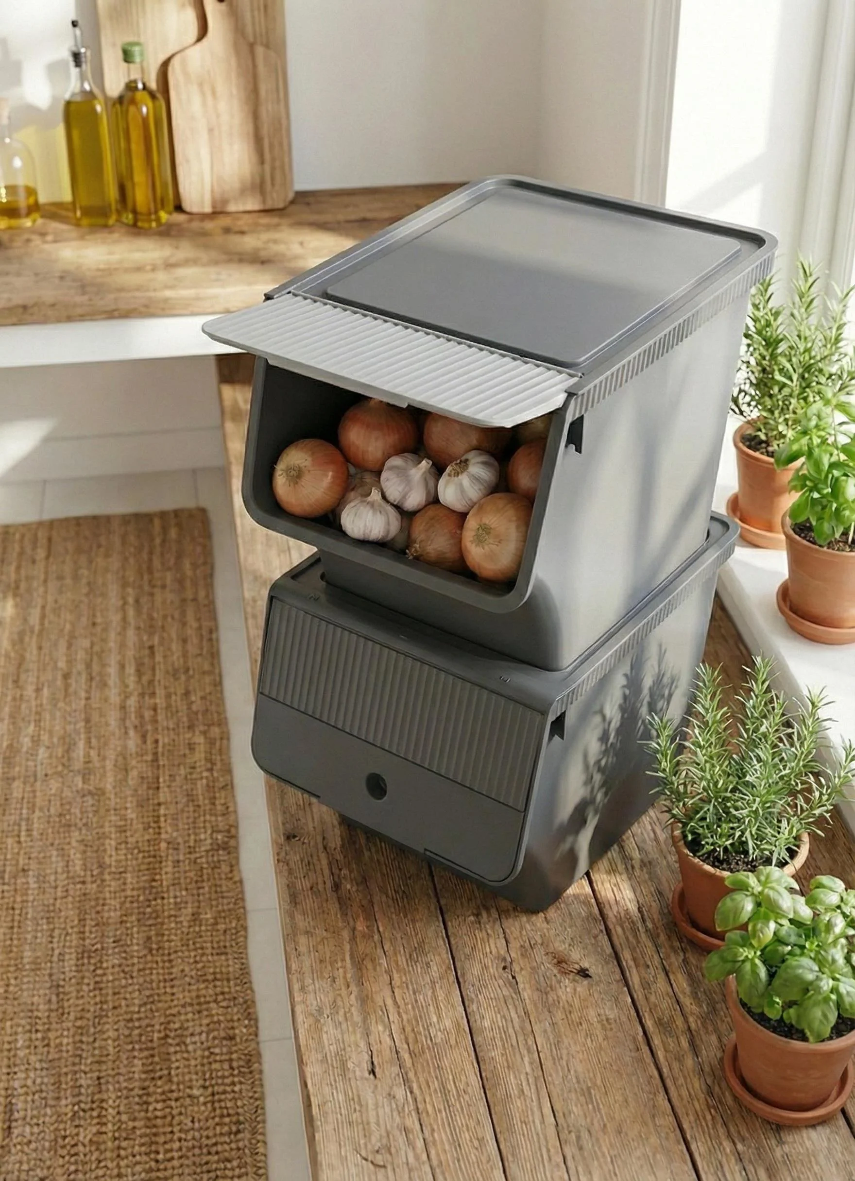 Füme 2'Li 33 LT Modubox Kayar Kapaklı Saklama Kabı &amp; Patates Soğan Kovası &amp; Erzak Kutusu