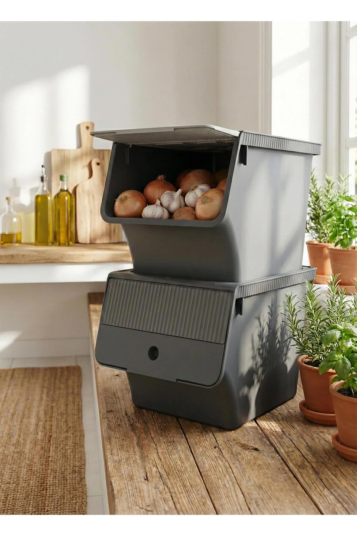 Füme 2'Li 33 LT Modubox Kayar Kapaklı Saklama Kabı & Patates Soğan Kovası & Erzak Kutusu Füme 2'Li 33 LT Modubox Kayar Kapaklı Saklama Kabı & Patates Soğan Kovası & Erzak Kutusu
