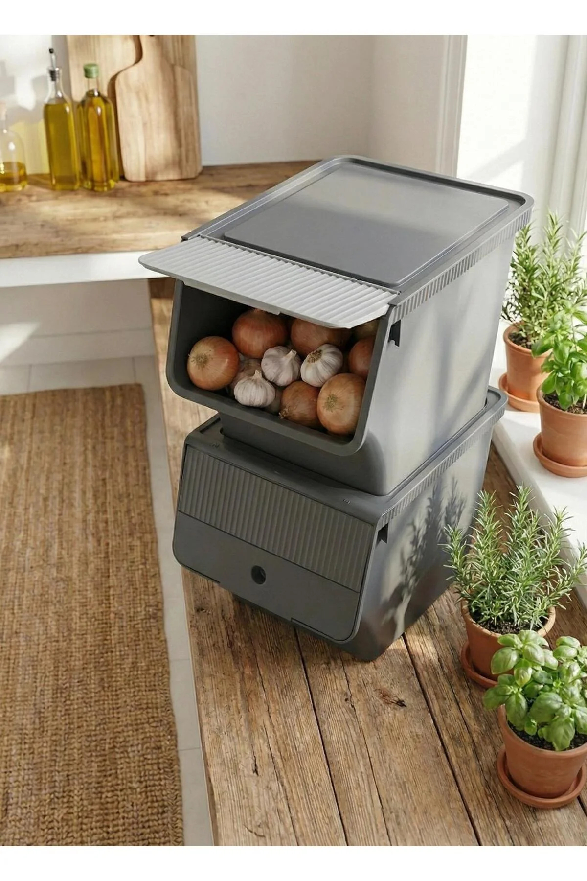 Füme 2'Li 33 LT Modubox Kayar Kapaklı Saklama Kabı & Patates Soğan Kovası & Erzak Kutusu - Görsel 2
