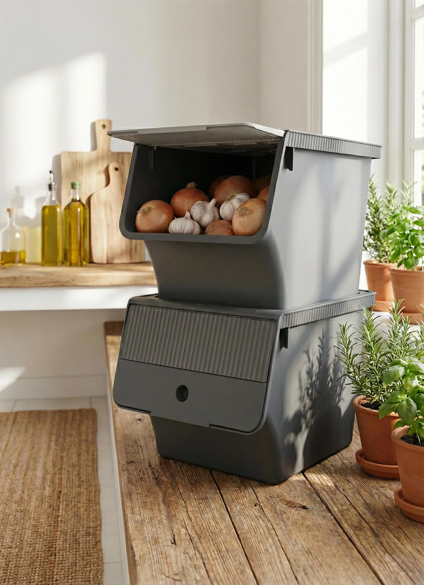 Füme 2'Li 33 LT Modubox Kayar Kapaklı Saklama Kabı &amp; Patates Soğan Kovası &amp; Erzak Kutusu