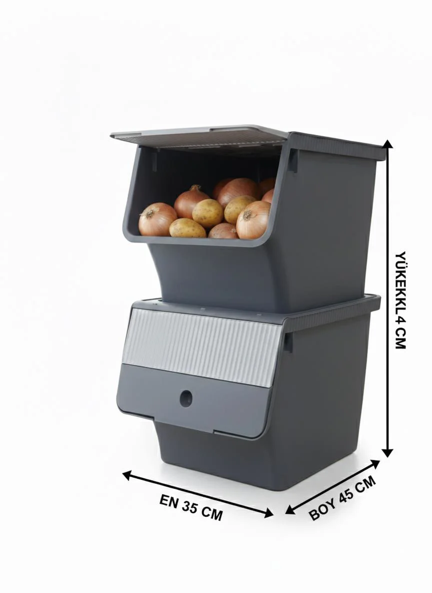 Füme 2'Li 33 LT Modubox Kayar Kapaklı Saklama Kabı &amp; Patates Soğan Kovası &amp; Erzak Kutusu