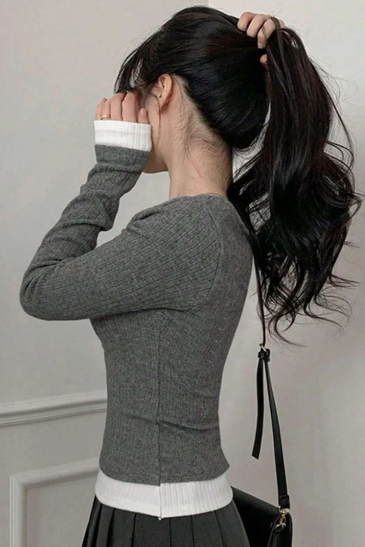 Füme Dantelli Fiyonklu Ekli Y2K Uzun Kollu Crop