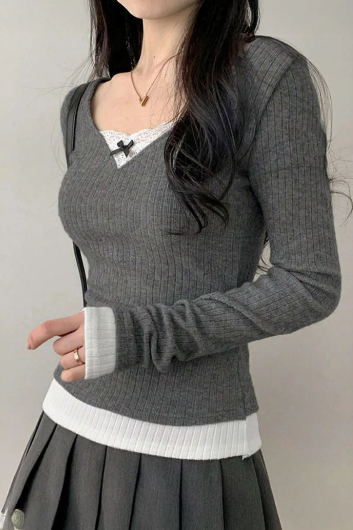 Füme Dantelli Fiyonklu Ekli Y2K Uzun Kollu Crop