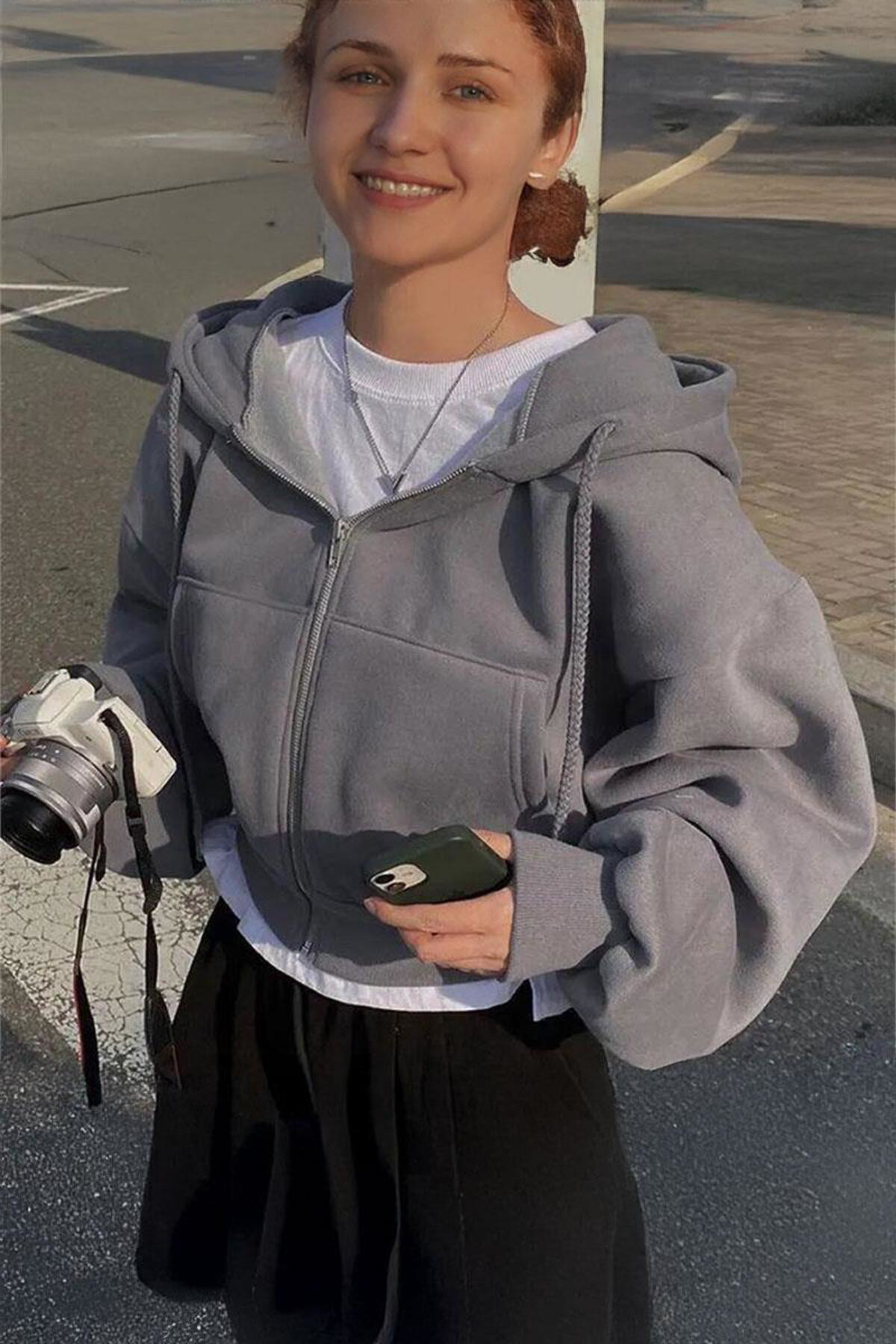 Köstebek Füme Kalin Kumaş Kapüşonlu Y2k Harajuku Crop Hirka