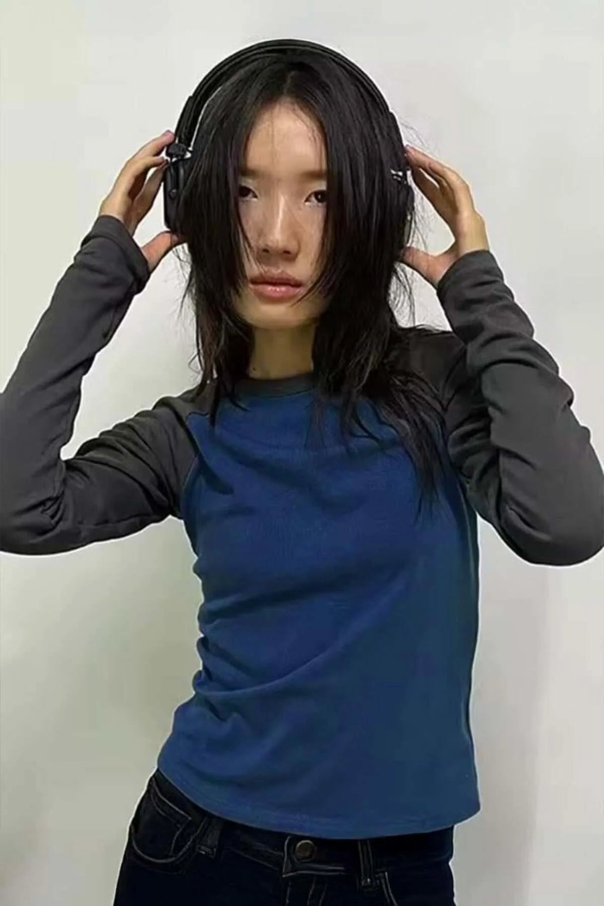 Füme Raglan Kollu Lacivert Basic Uzun Kollu Crop