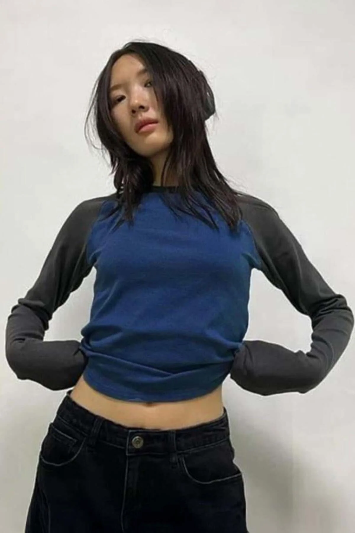 Füme Raglan Kollu Lacivert Basic Uzun Kollu Crop