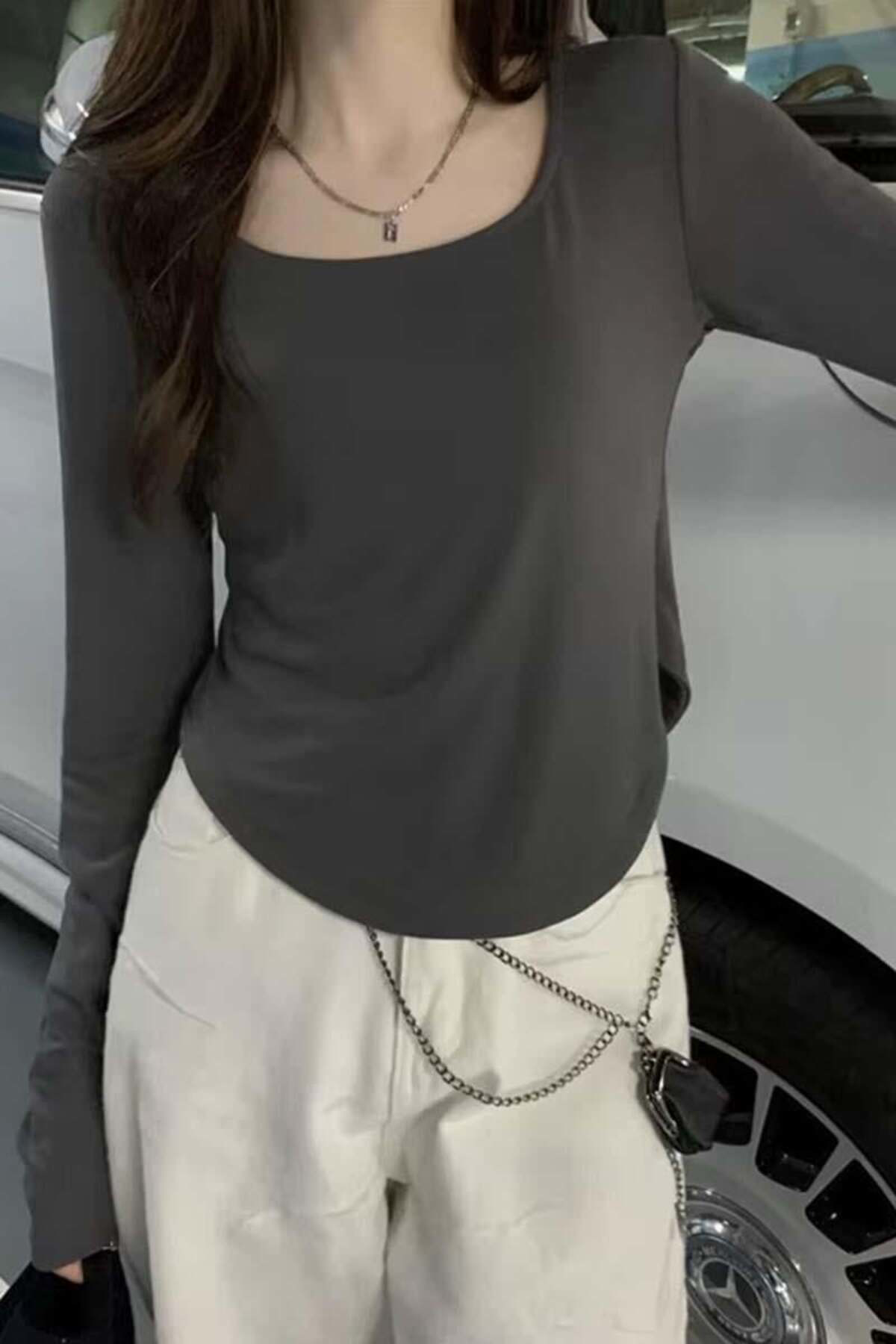 Füme Yeni Basic Y2K Uzun Kollu Crop Füme Yeni Basic Y2K Uzun Kollu Crop