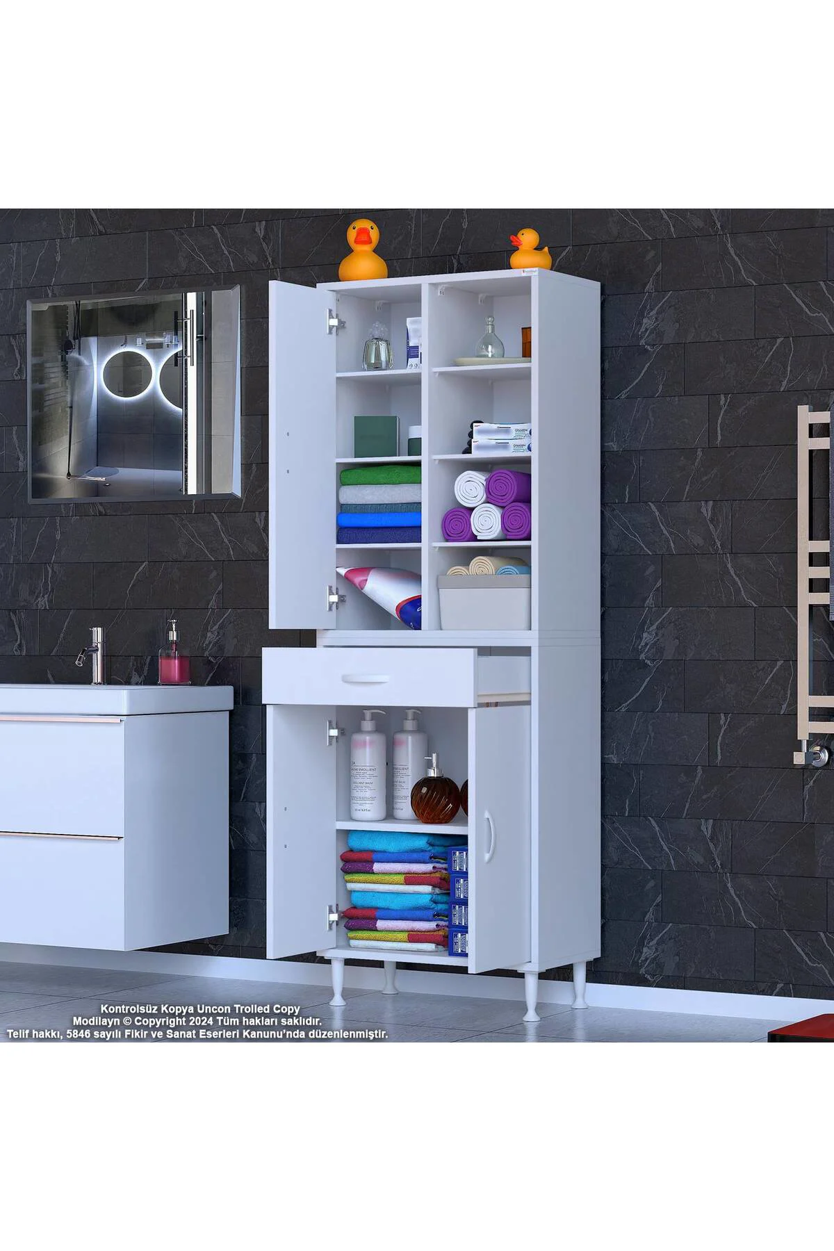 Funci Beyaz Renk G:55 cm Banyo Dolabı 3 Kapaklı 7 Raflı Dolap 55x