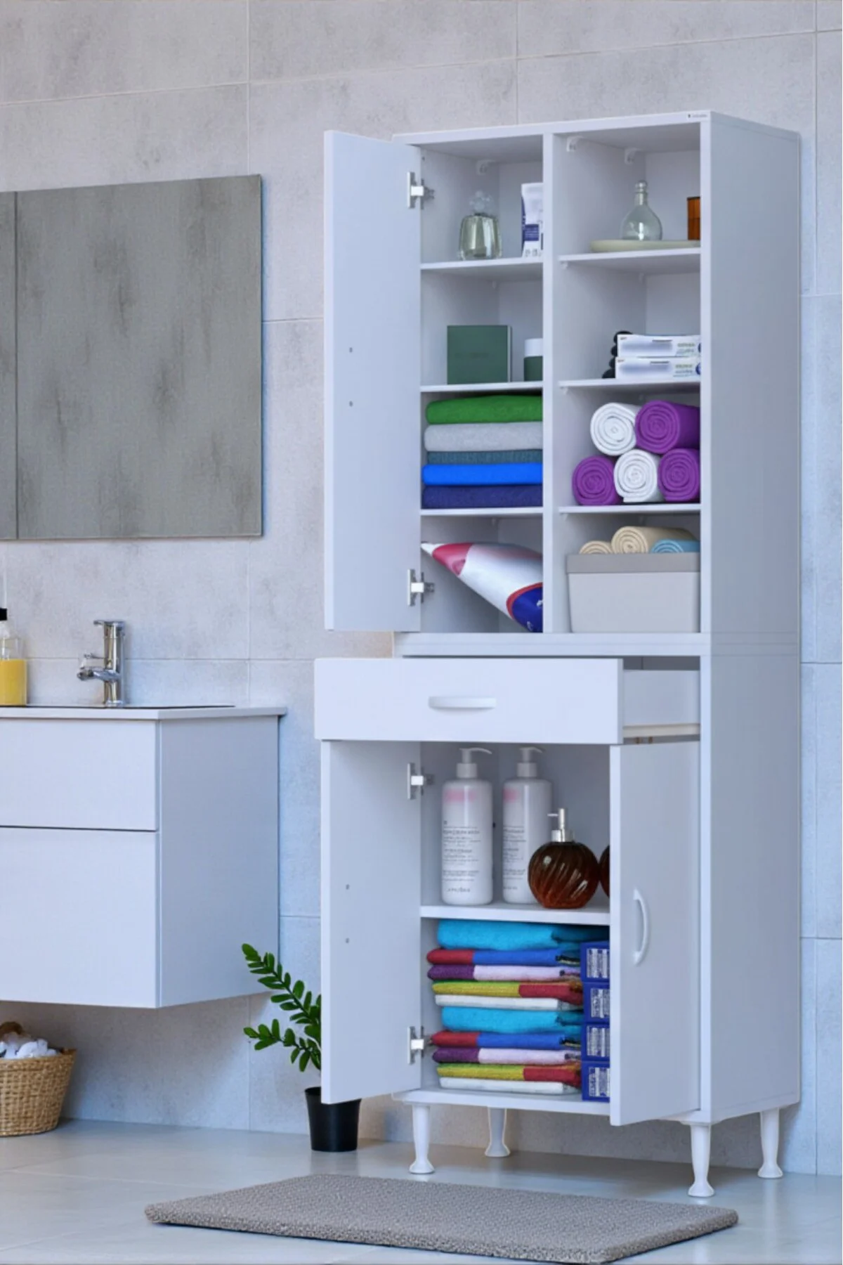 Funci Beyaz Renk G:55 cm Banyo Dolabı 3 Kapaklı 7 Raflı Dolap 55x