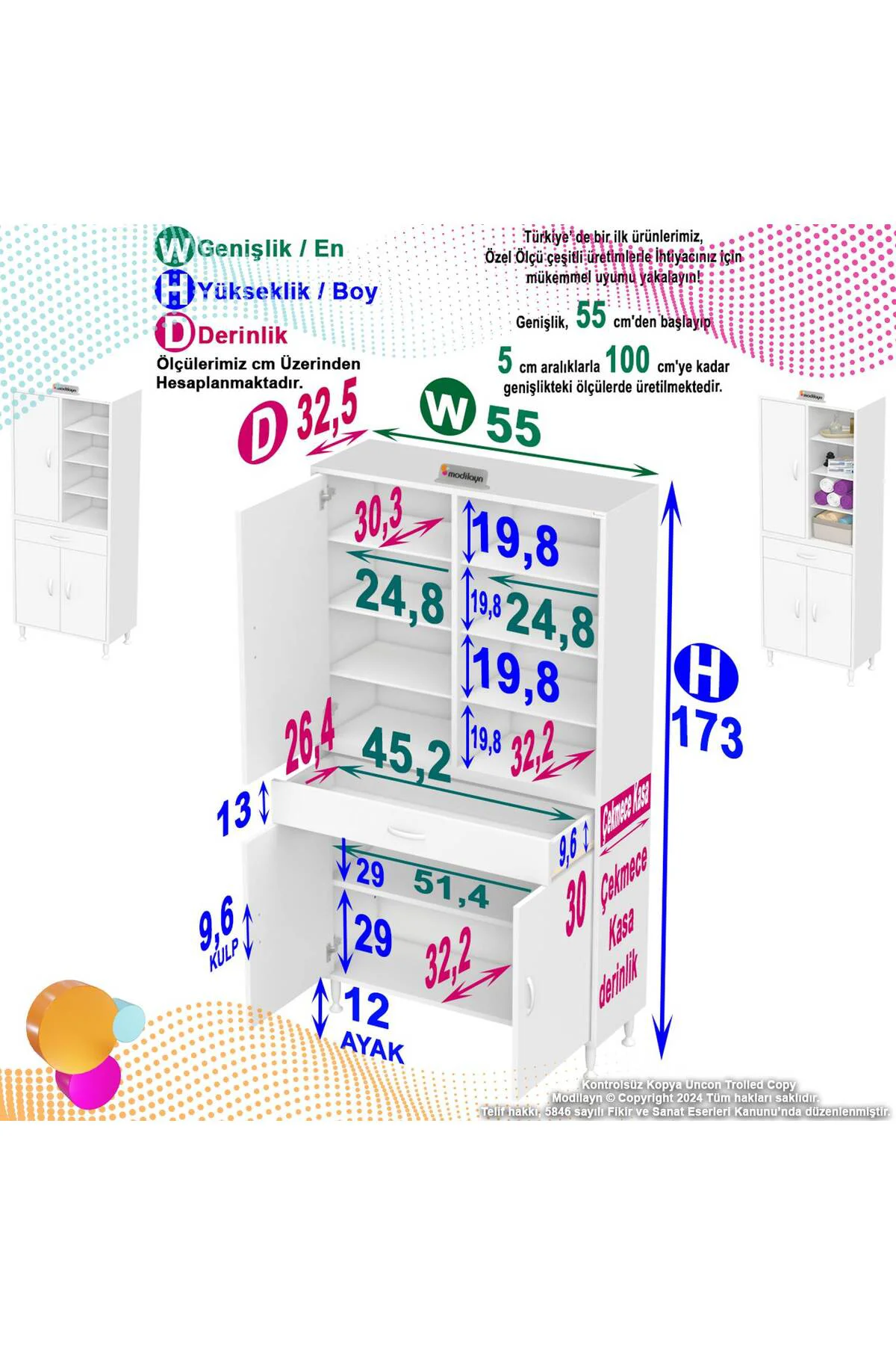 Funci Beyaz Renk G:55 cm Banyo Dolabı 3 Kapaklı 7 Raflı Dolap 55x