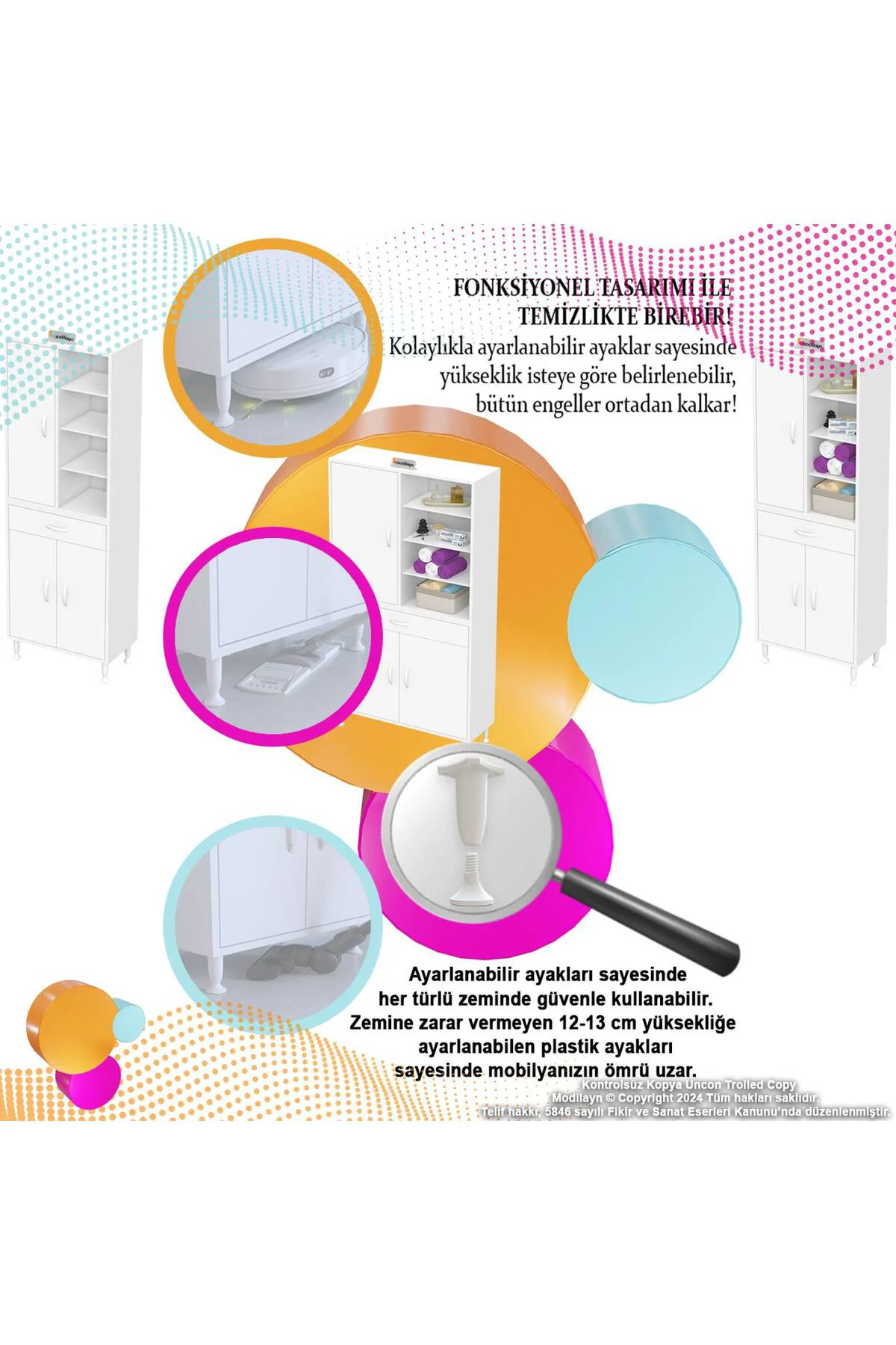 Funci Beyaz Renk G:55 cm Banyo Dolabı 3 Kapaklı 7 Raflı Dolap 55x