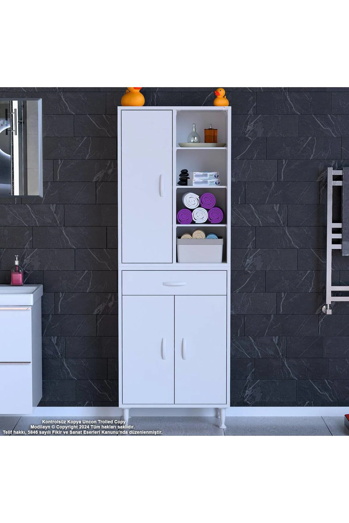 Funci Beyaz Renk G:55 cm Banyo Dolabı 3 Kapaklı 7 Raflı Dolap 55x